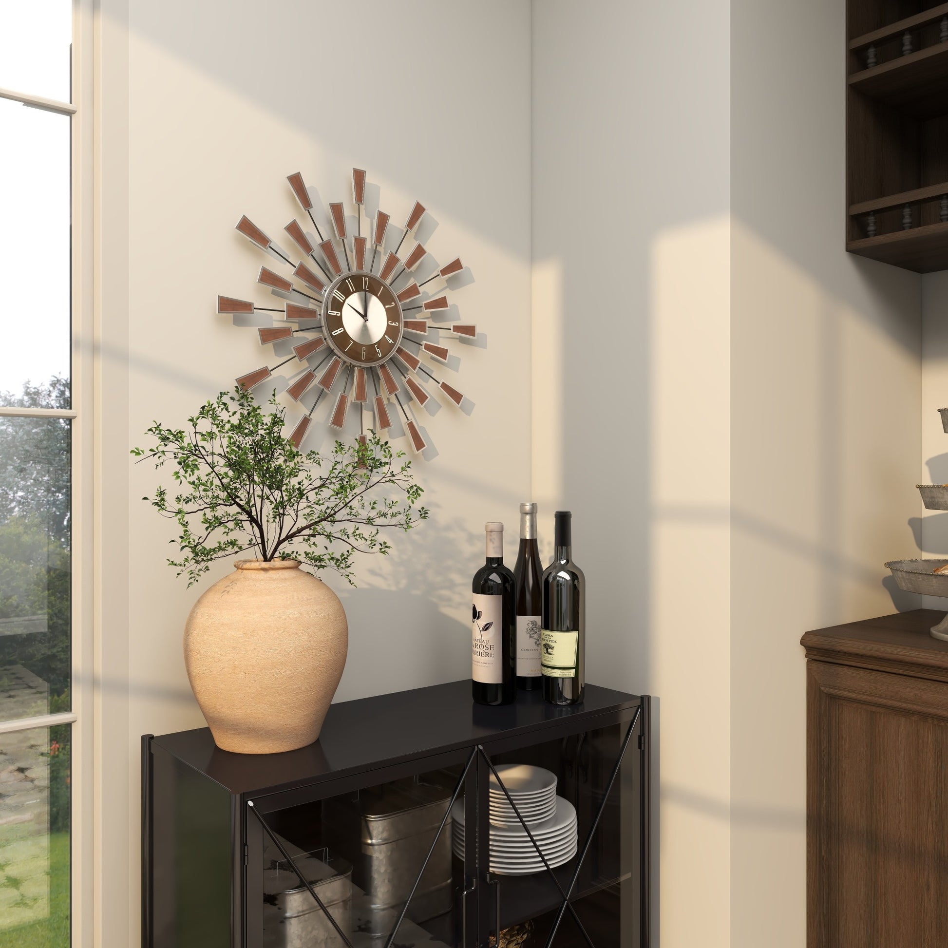 Starburst Brown Metal Starburst Decorative Wall Clock with Silver Accents