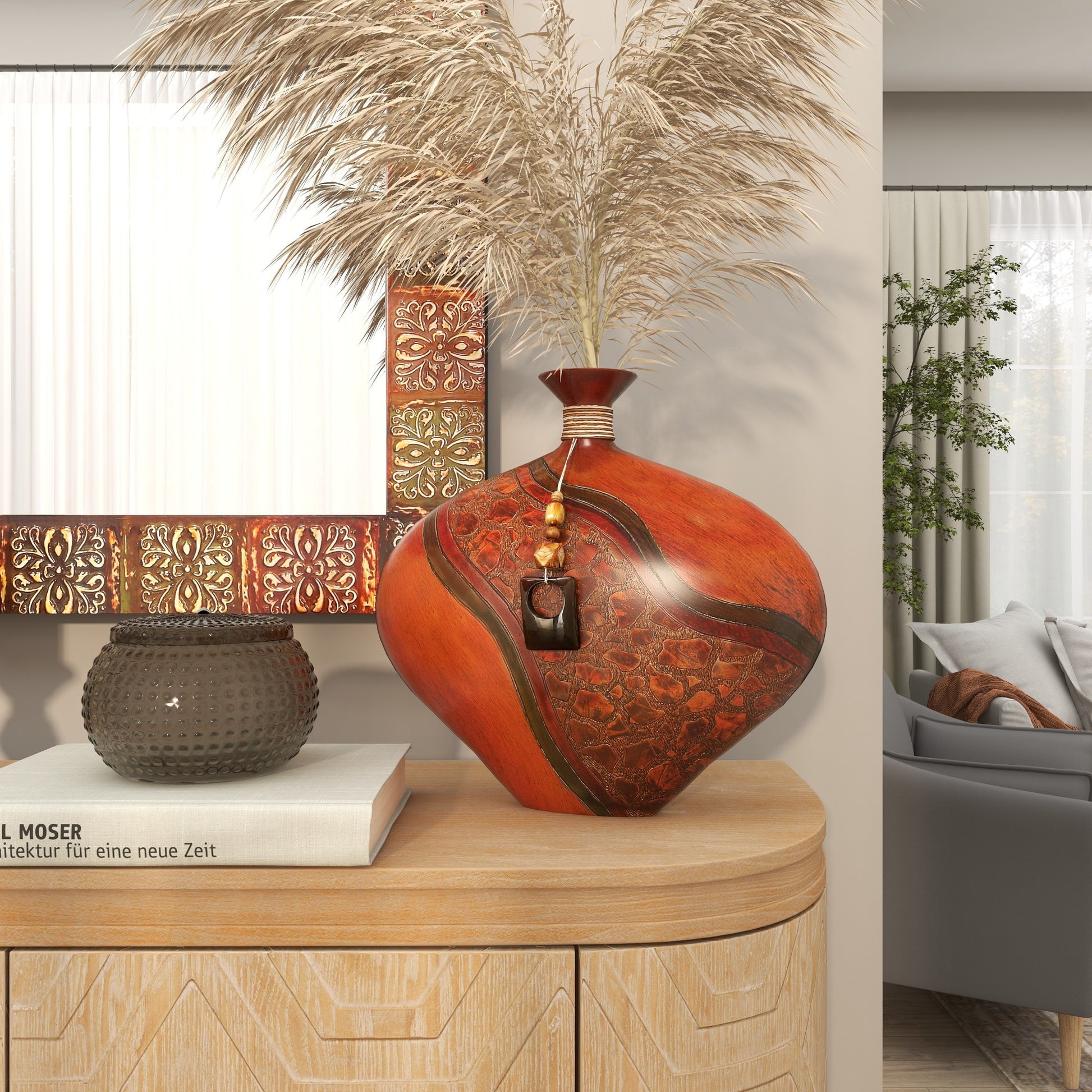 Abstract Brown Polystone Decorative Vase with Embossed Details