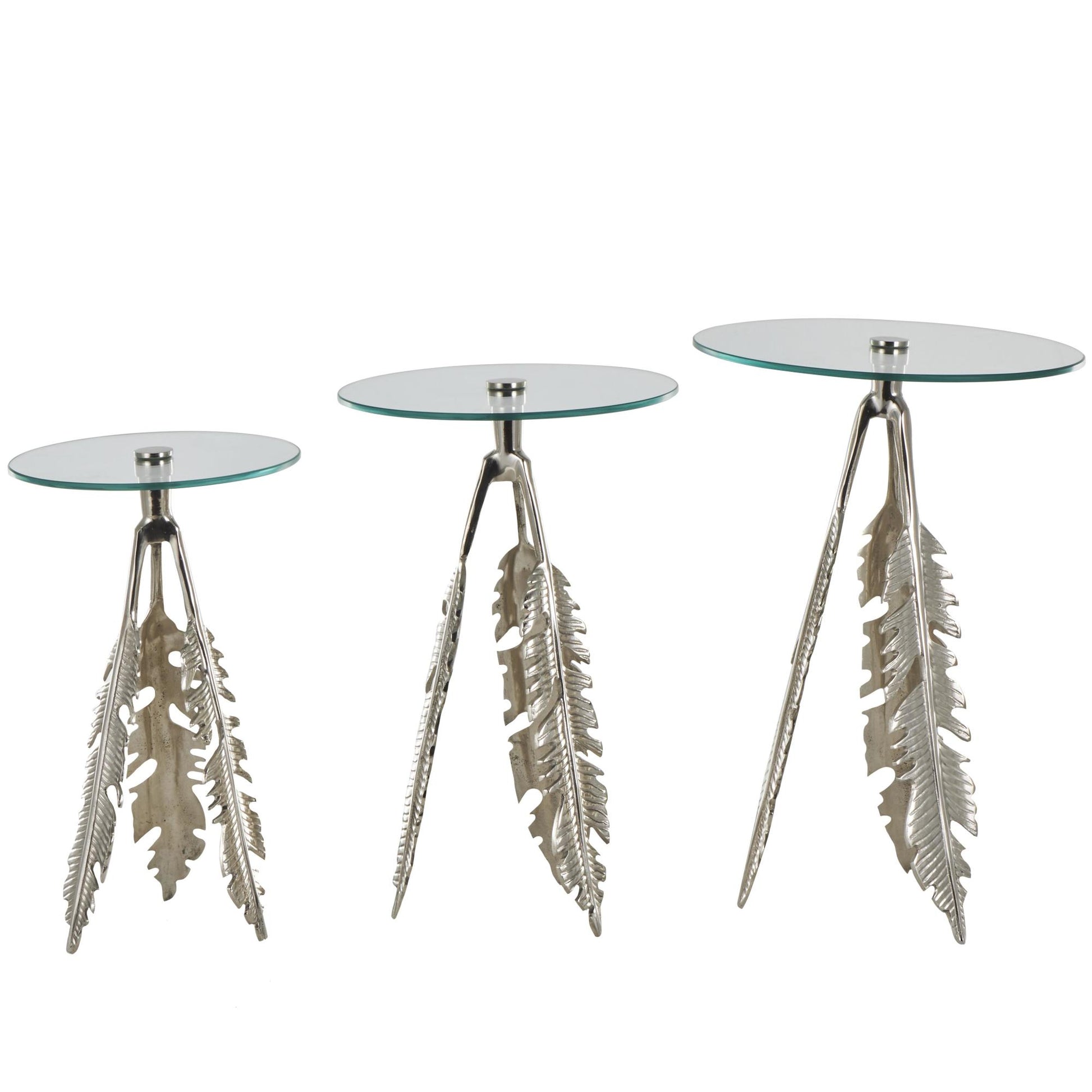 Set of 3 Leaf Aluminum Metal Side End Accent Table with Tripod Legs and Tempered Glass Top