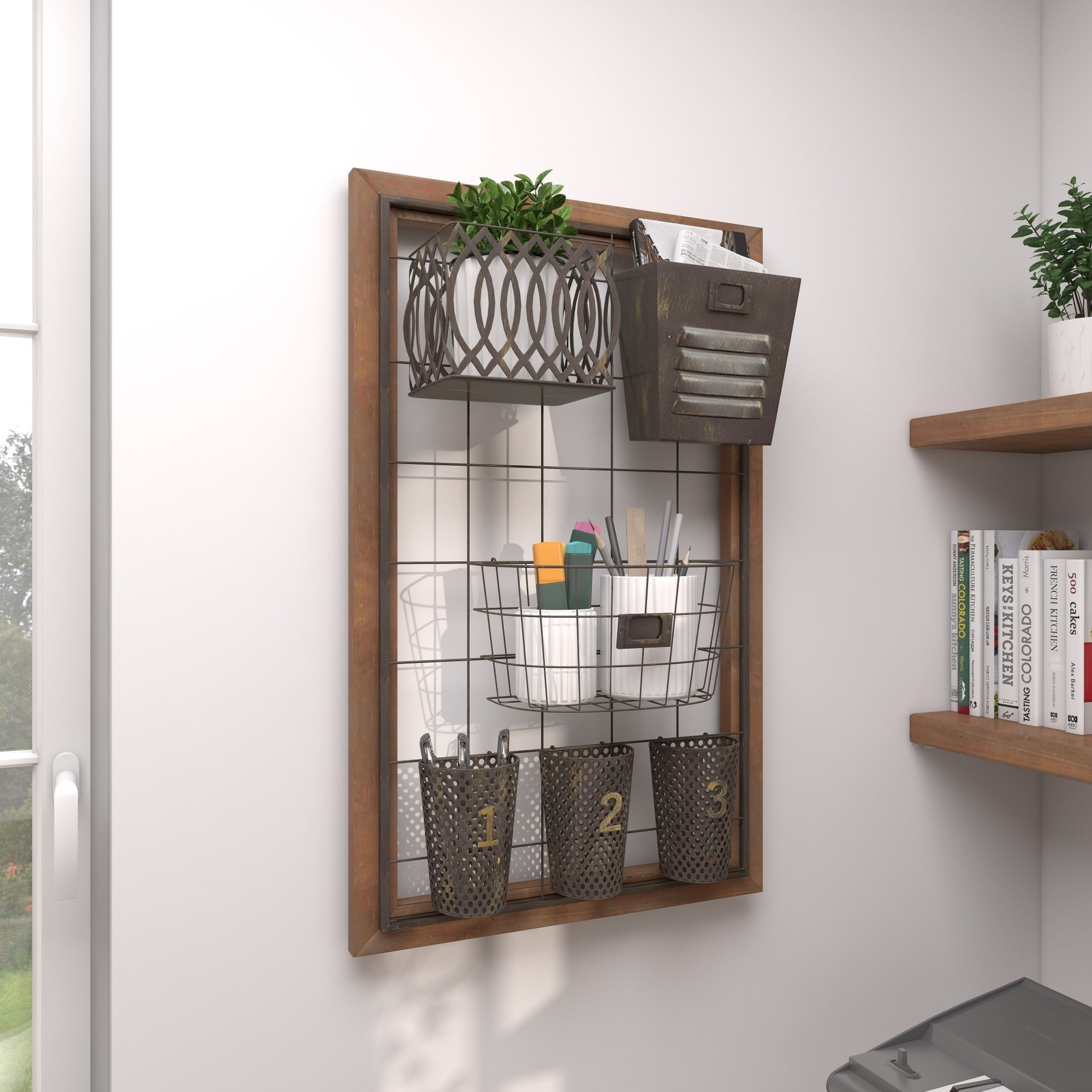 Brown Metal 1 Slot and 5 Baskets Decorative Magazine Rack Holder with Suspended Baskets and Label Slot