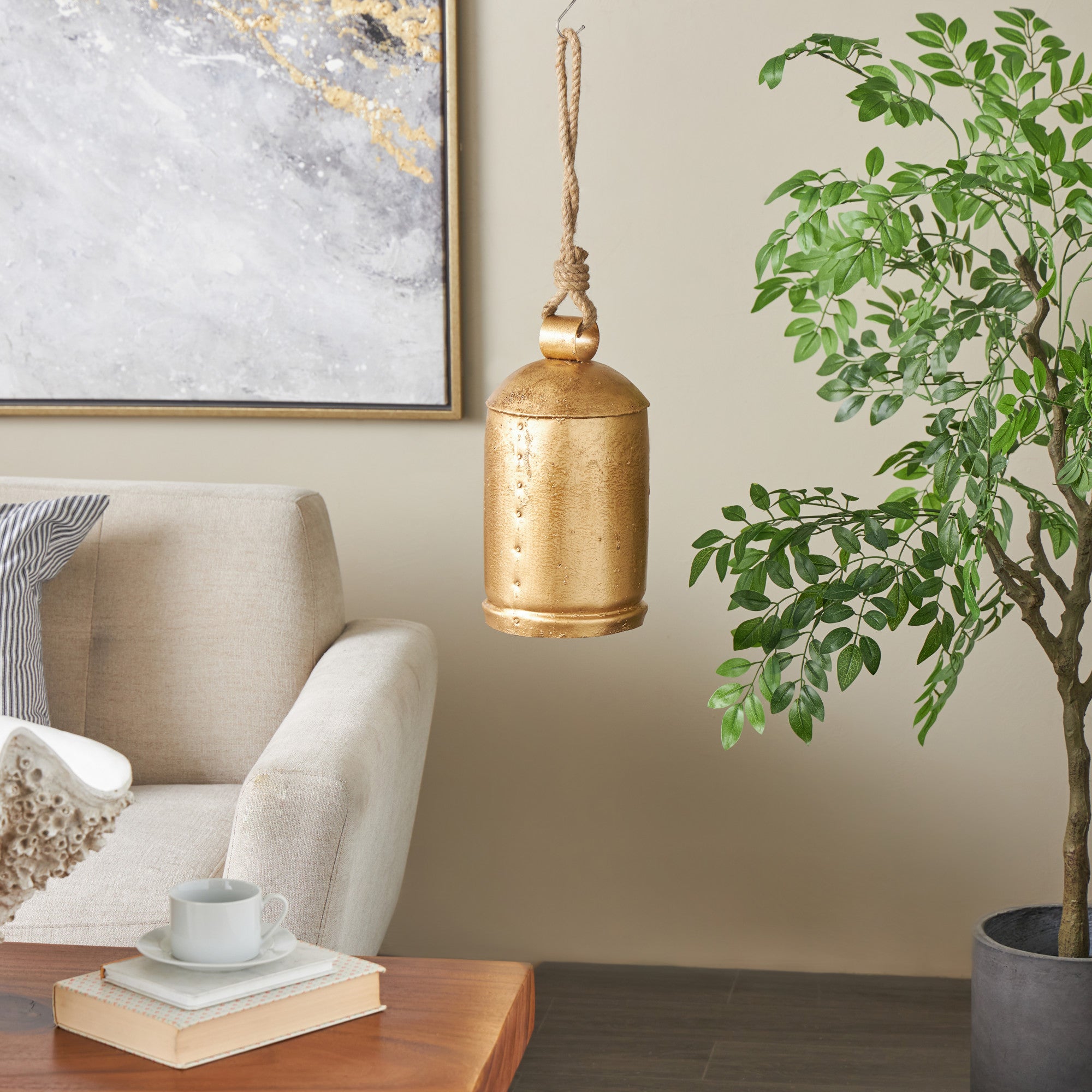 Metal Indoor Outdoor Decorative Bell with Jute Hanging Rope 7" x 7" x 16"