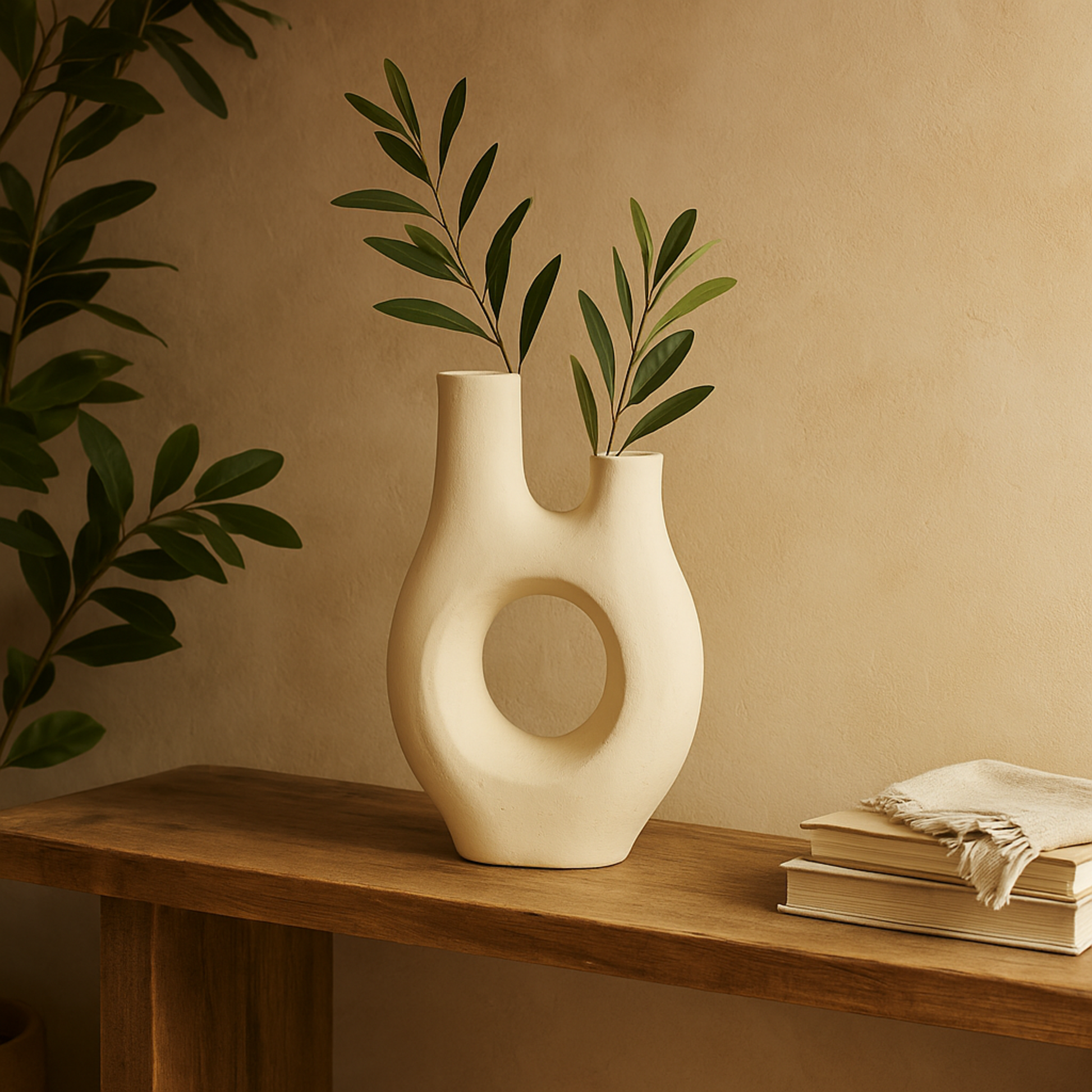 Abstract Beige Paper Mache Rounded Decorative Vase with Double Openings