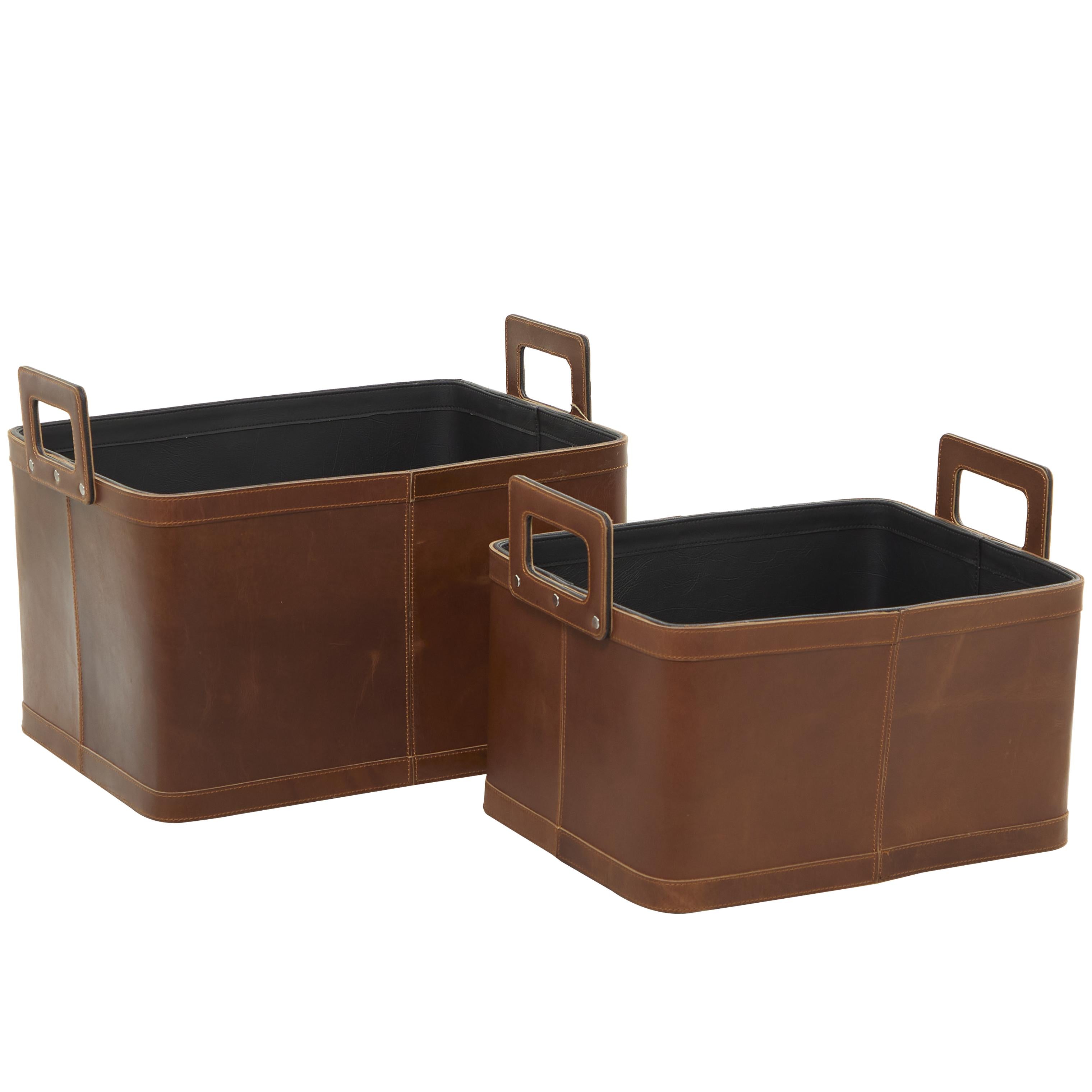 Set of 2 Leather Handmade Decorative and Functional Storage Basket with Handles