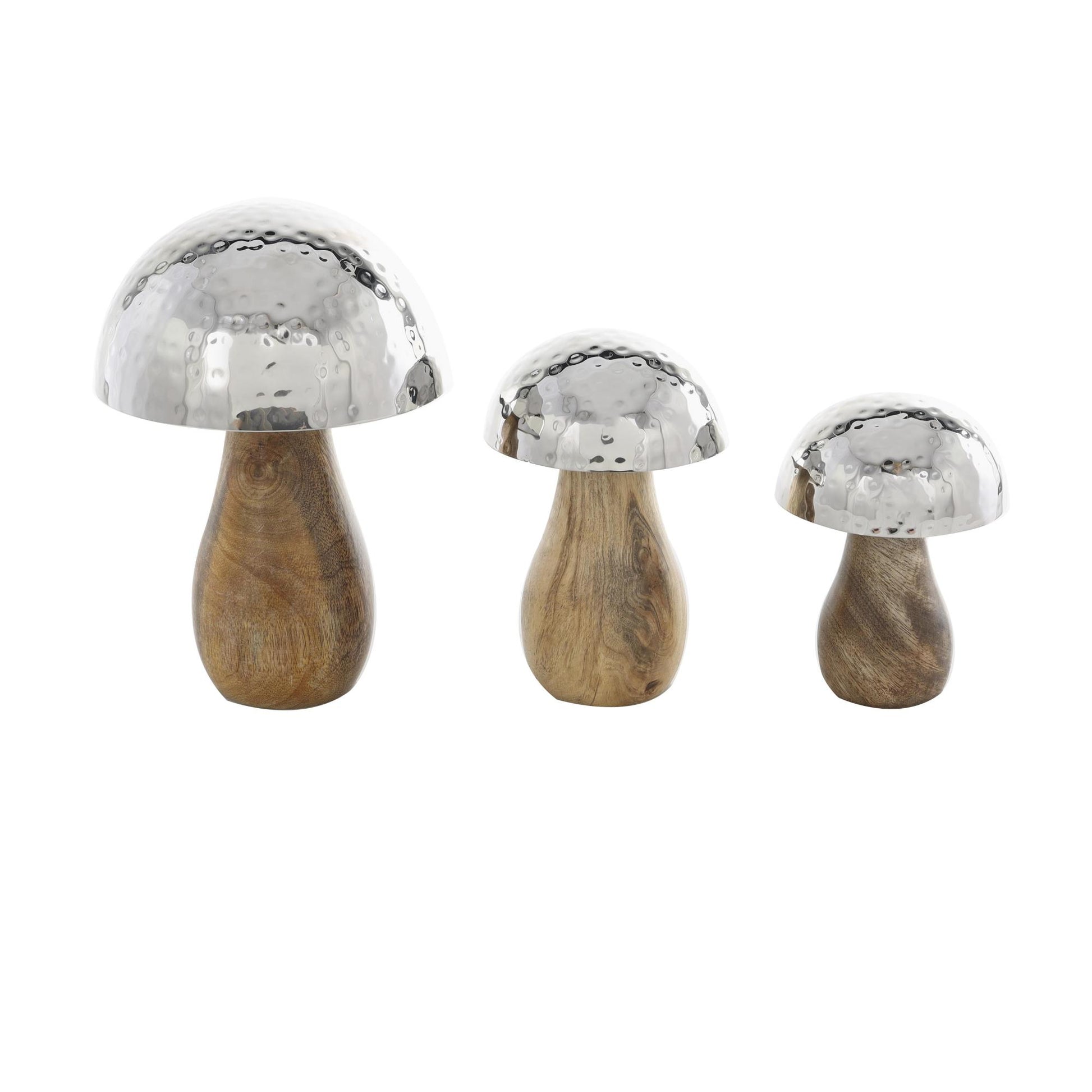 Set of 3 Mushroom Stainless Steel Metal Handmade Hammered Decorative Sculpture with Brown Wood Bases