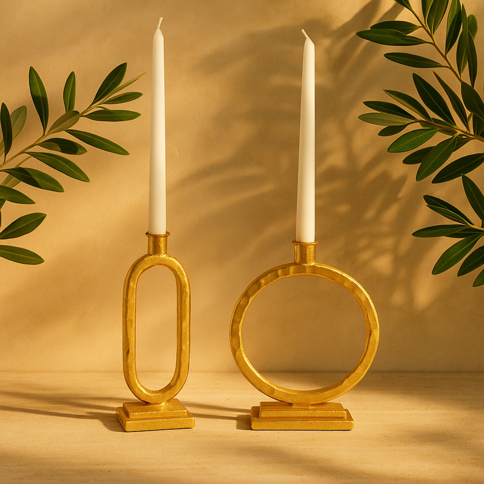 Set of 2 Gold Metal Tapered Decorative Candle Holder with Rectangle Base