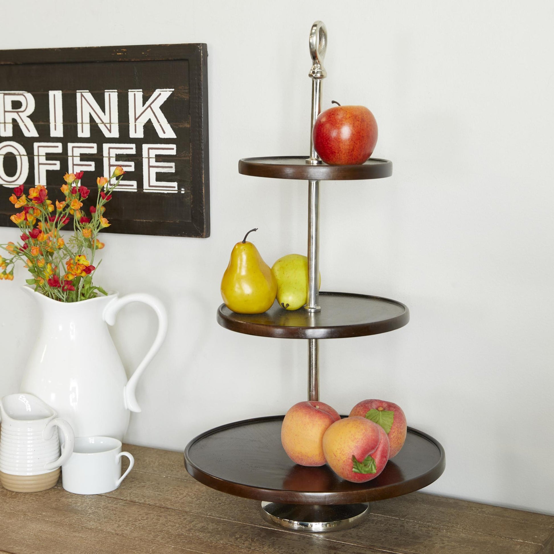 Mango Wood 3 Level Decorative Tiered Server with Aluminum Bases