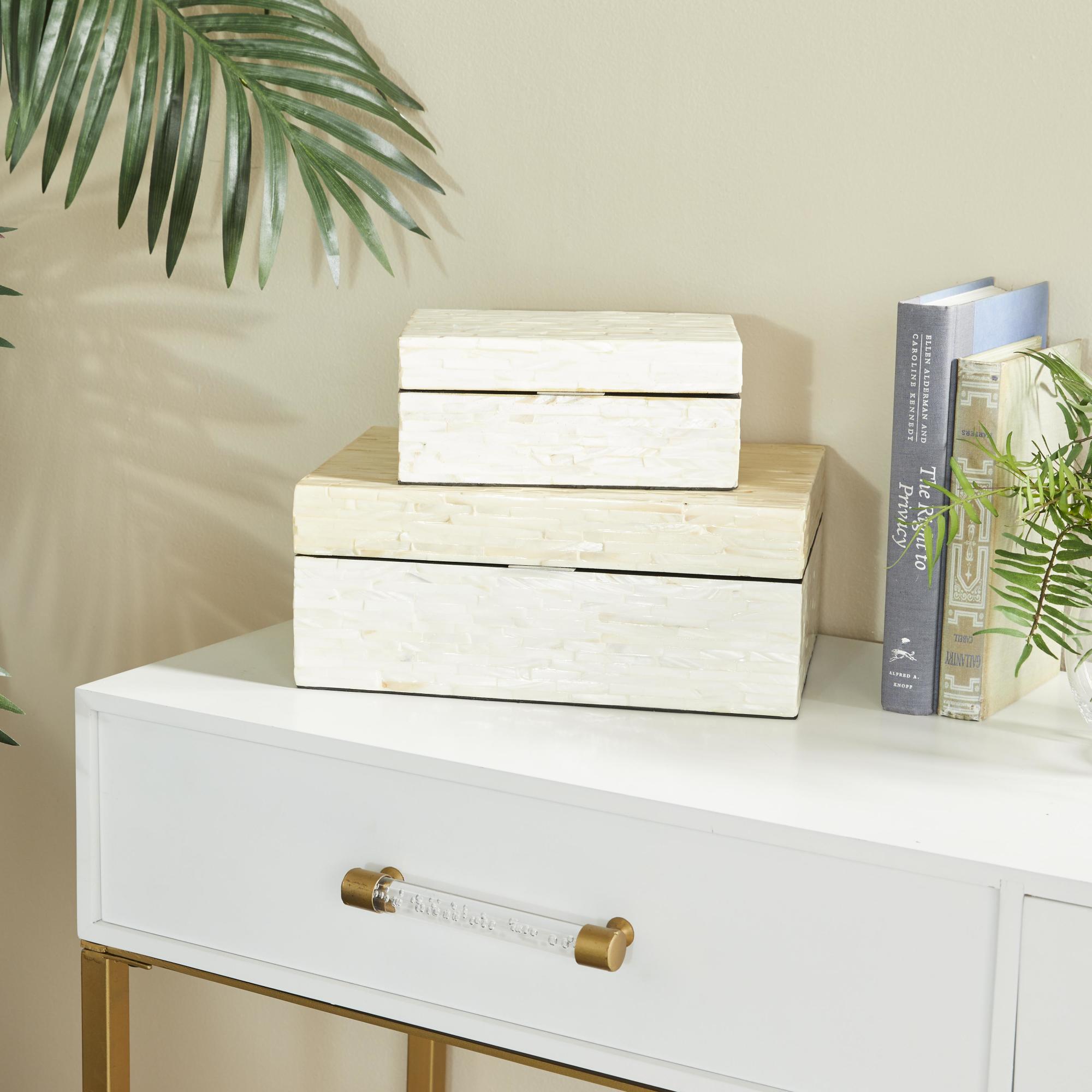 Set of 2 White Mother of Pearl Shell Handmade Decorative Box with Linear Mosaic Pattern and Hinged Lid