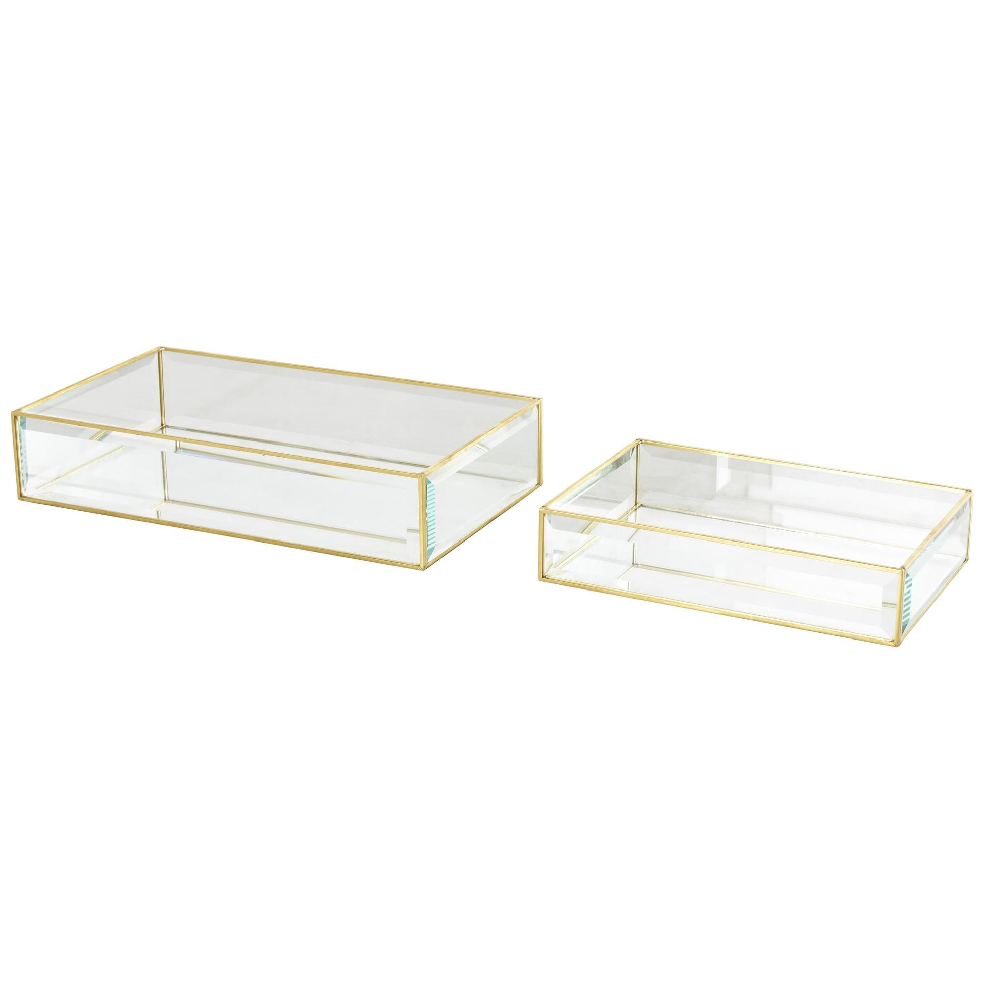 Set of 2 Clear Glass Beveled Decorative Jewelry Box with Gold Metal Frame