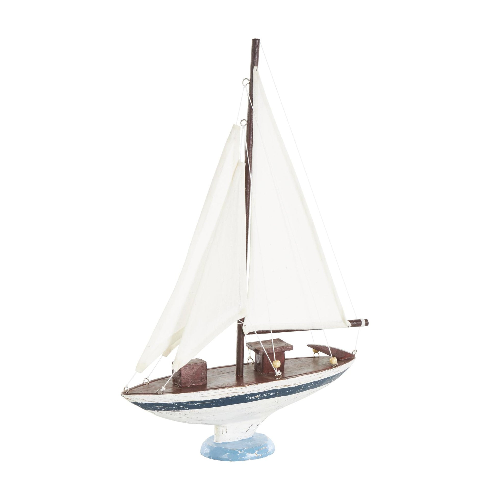 Sail Boat White Wood Distressed Decorative Sculpture with Brown Wood and Beaded Accents