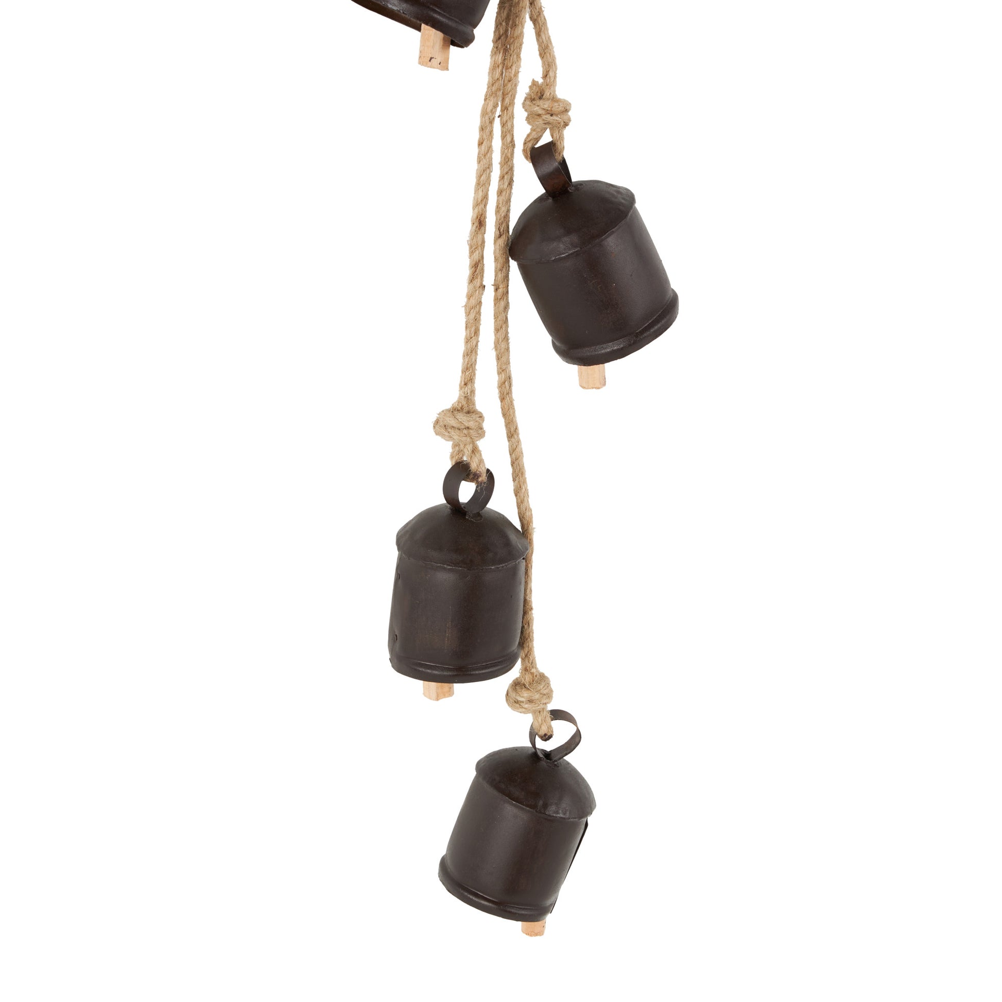 Metal Tibetan Inspired Indoor Outdoor Decorative Cow Bells with 4 Bells on Jute Hanging Rope