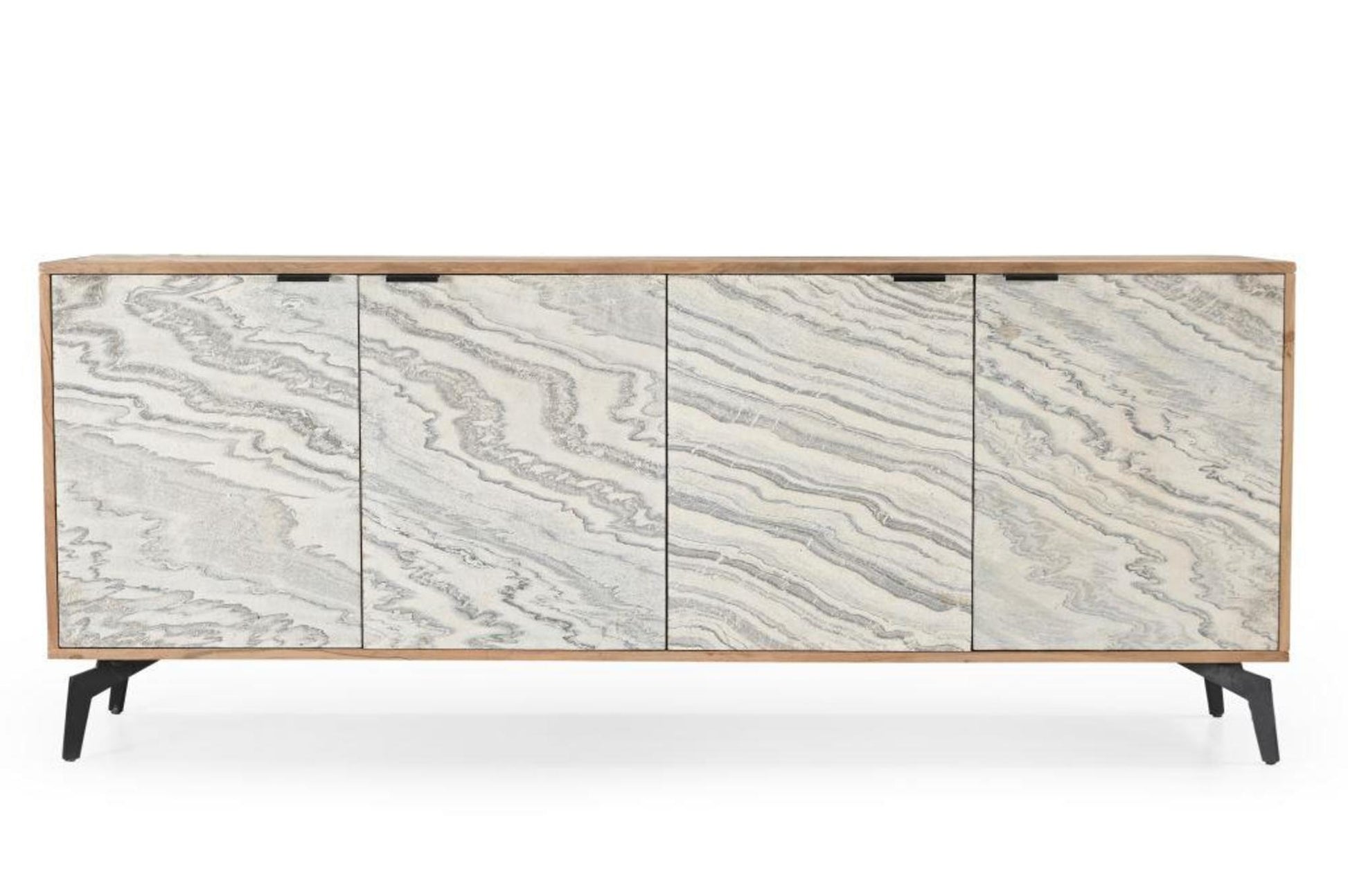 Brown Wood 4 Door Media Credenza Sideboard with White Marble Veneer Doors and Angled Black Legs