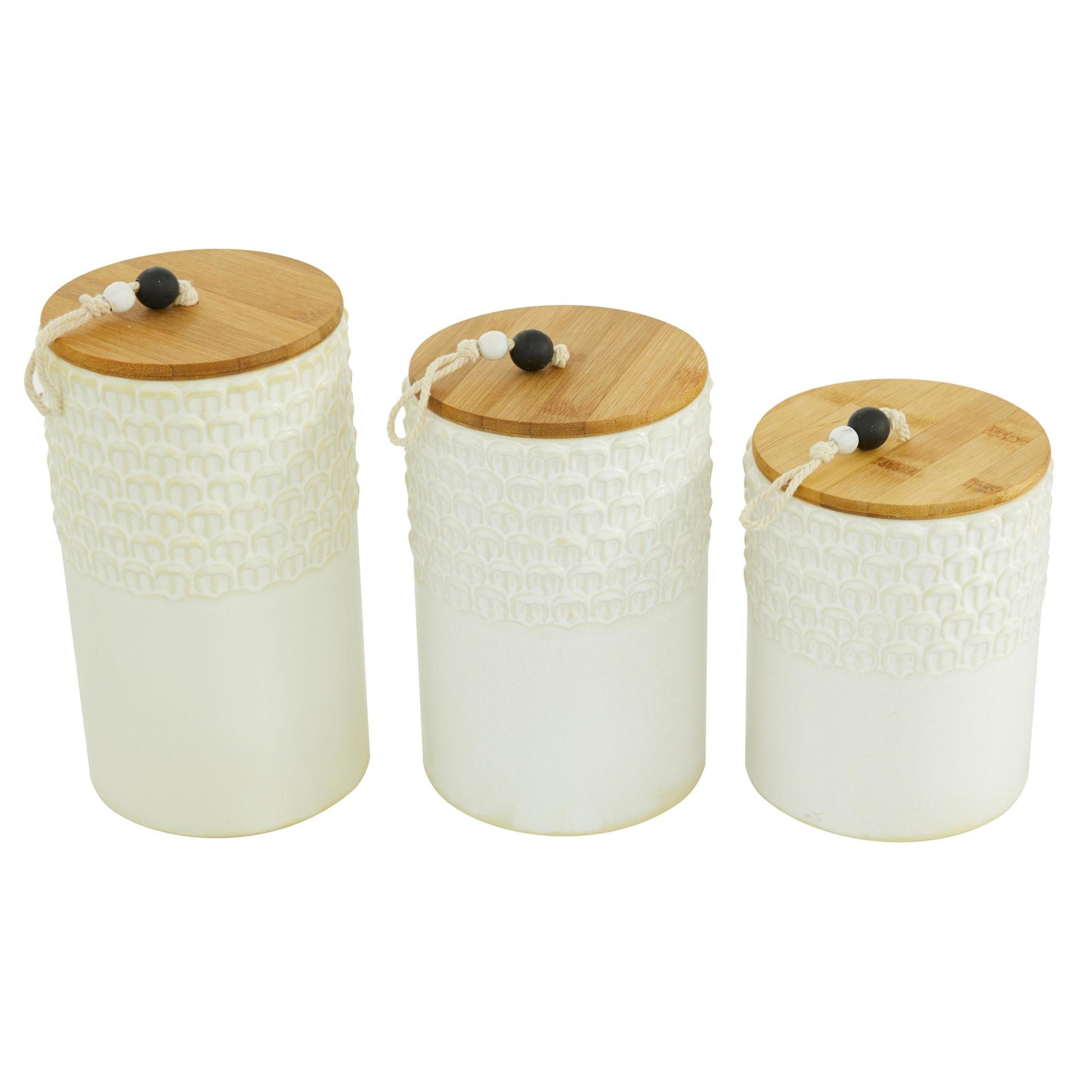 Set of 3 White Ceramic Textured Living Room Decorative Jars with Wood Lids and Black Beaded Accents