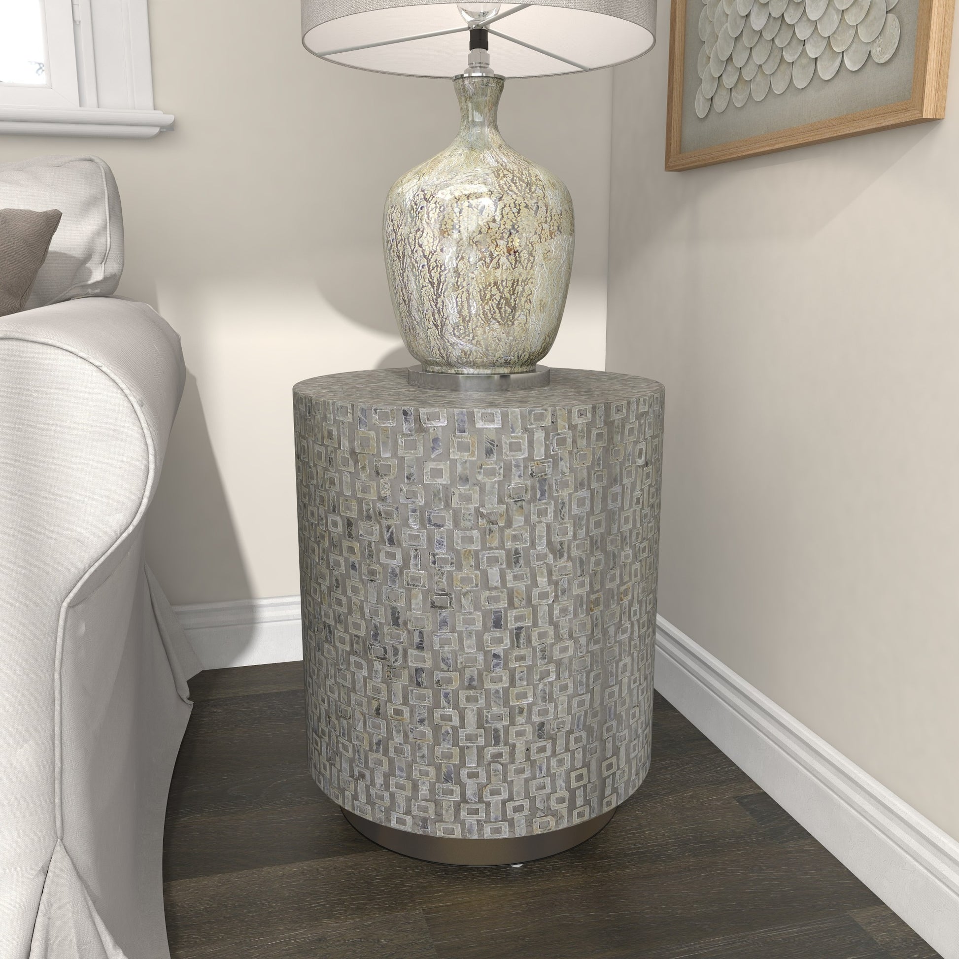 Geometric Mother of Pearl Shell Side End Accent Table with Gold Base