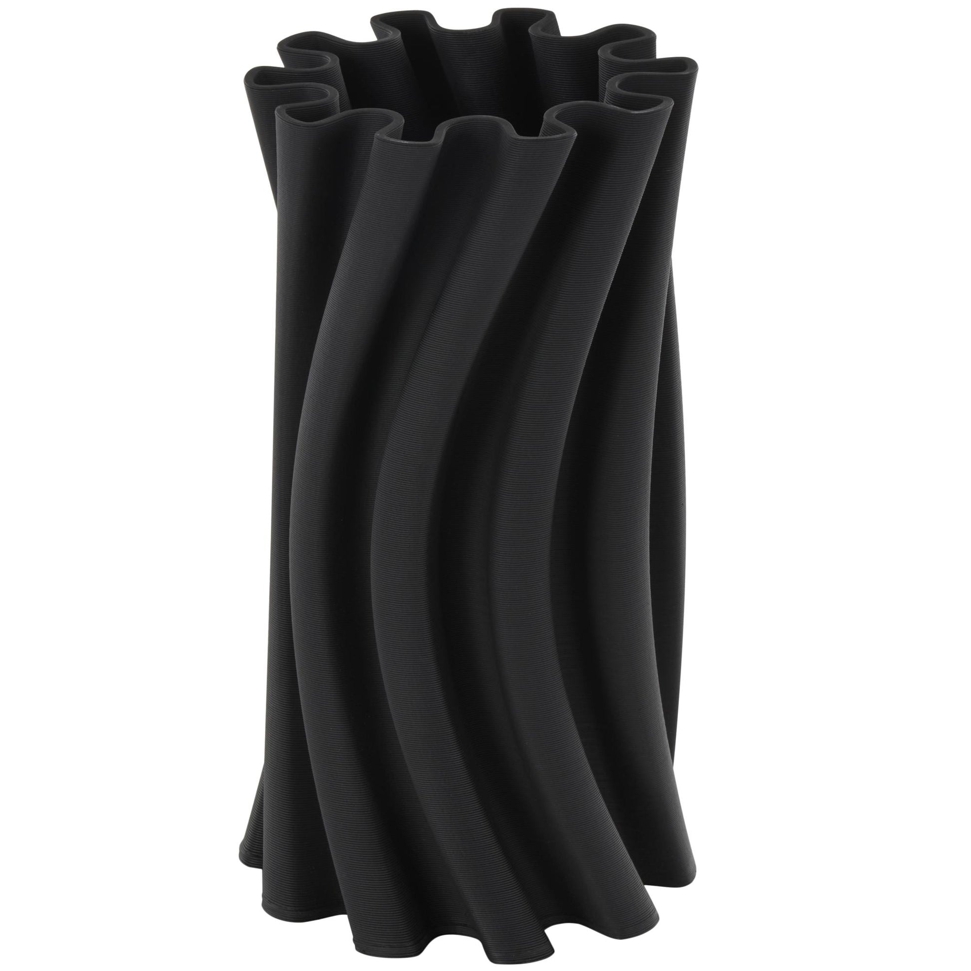 Abstract Black Ceramic Curvy Ribbed Decorative Vase with Floral Shaped Rim