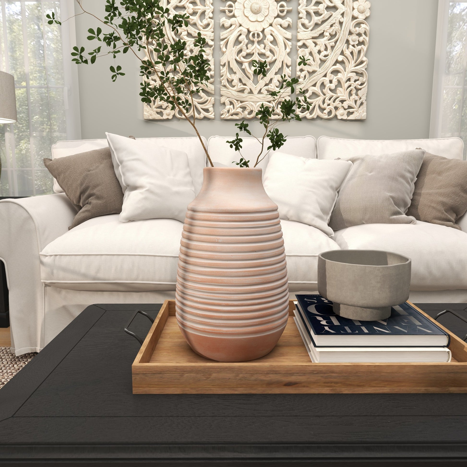 Pink Ceramic Whitewashed Ribbed Decorative Vase