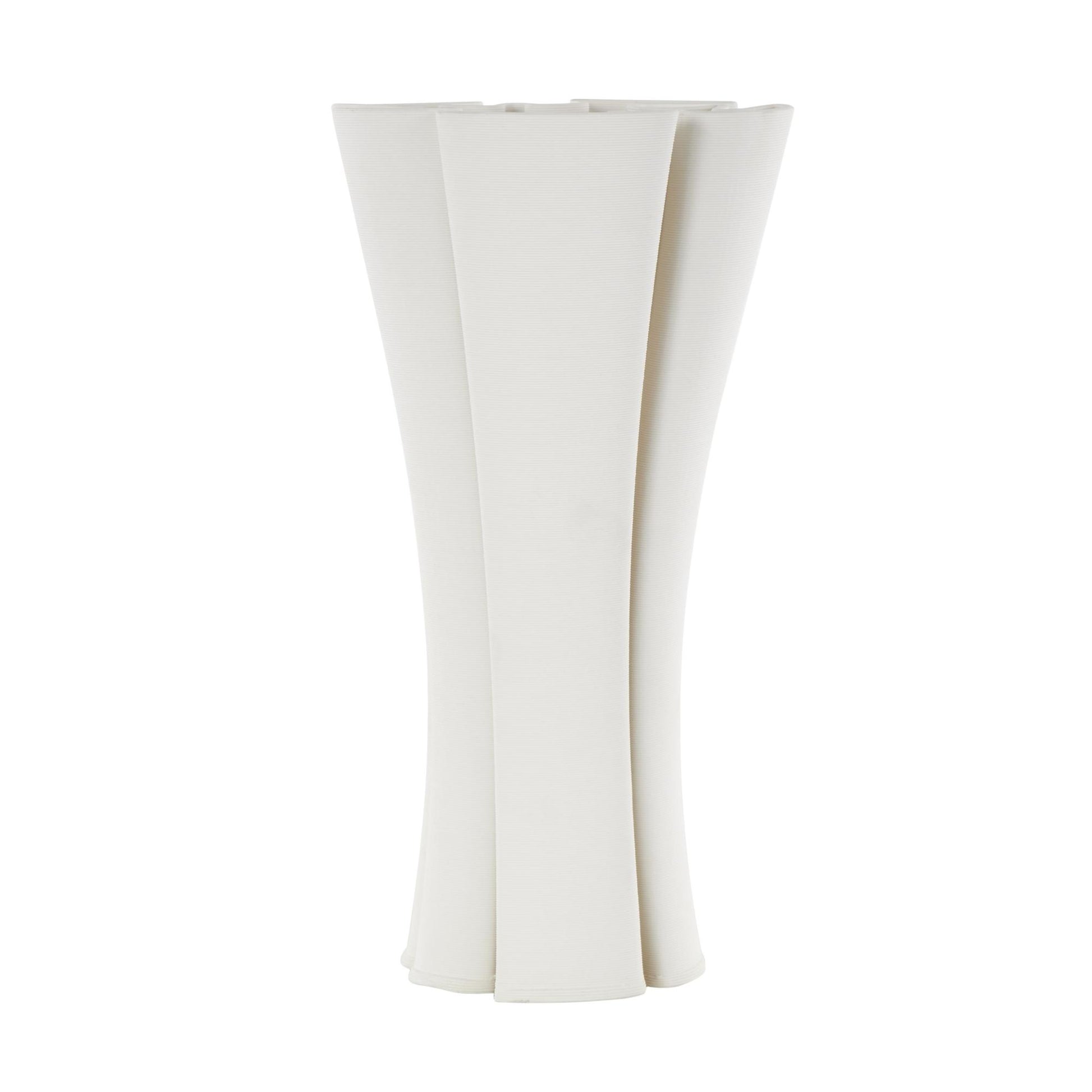 Abstract White Ceramic Ribbed Dimensional Folded Decorative Vase with Curvy Rim