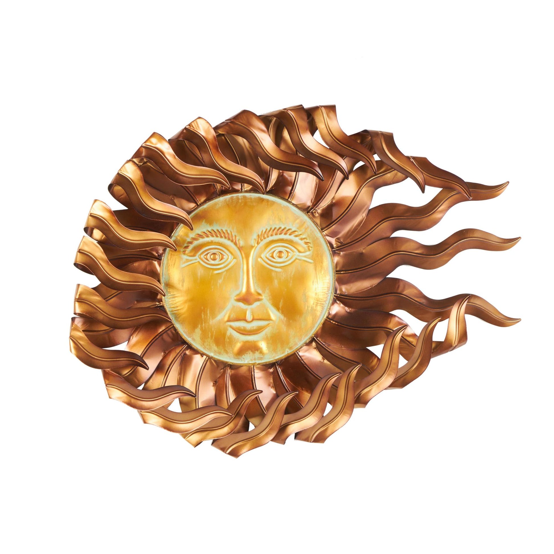 Sun Copper Metal Home Wall Decor with Gold Sun Face and Folded Wavy Rays