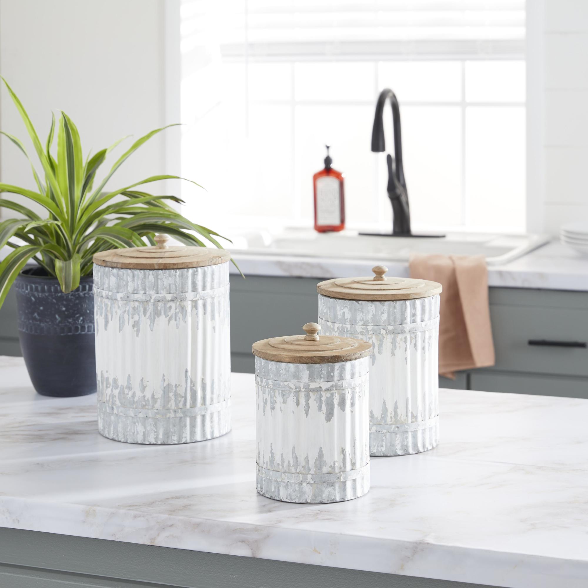 Set of 3 White Metal Distressed Living Room Decorative Jars with Wood Lids