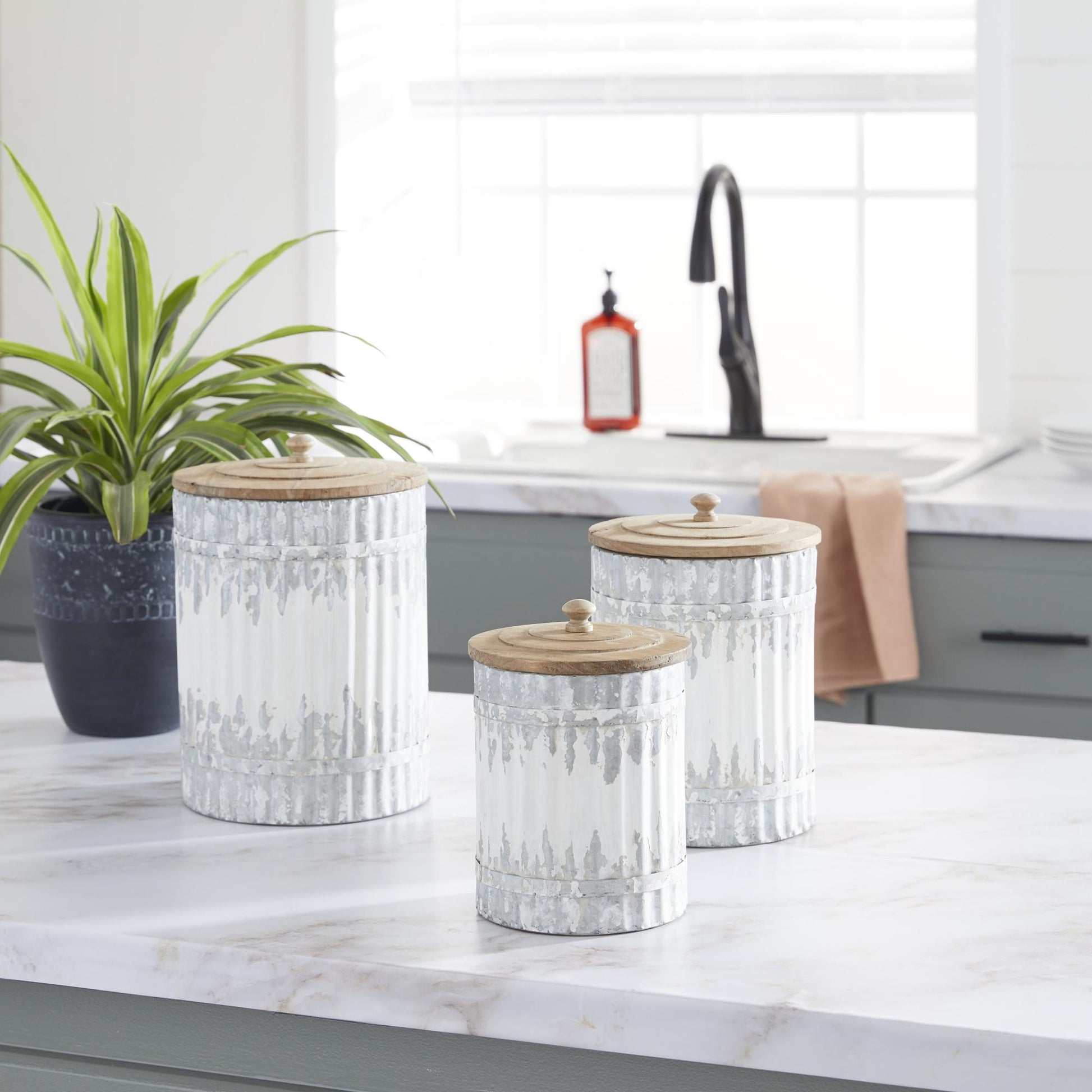 Set of 3 White Metal Distressed Living Room Decorative Jars with Wood Lids