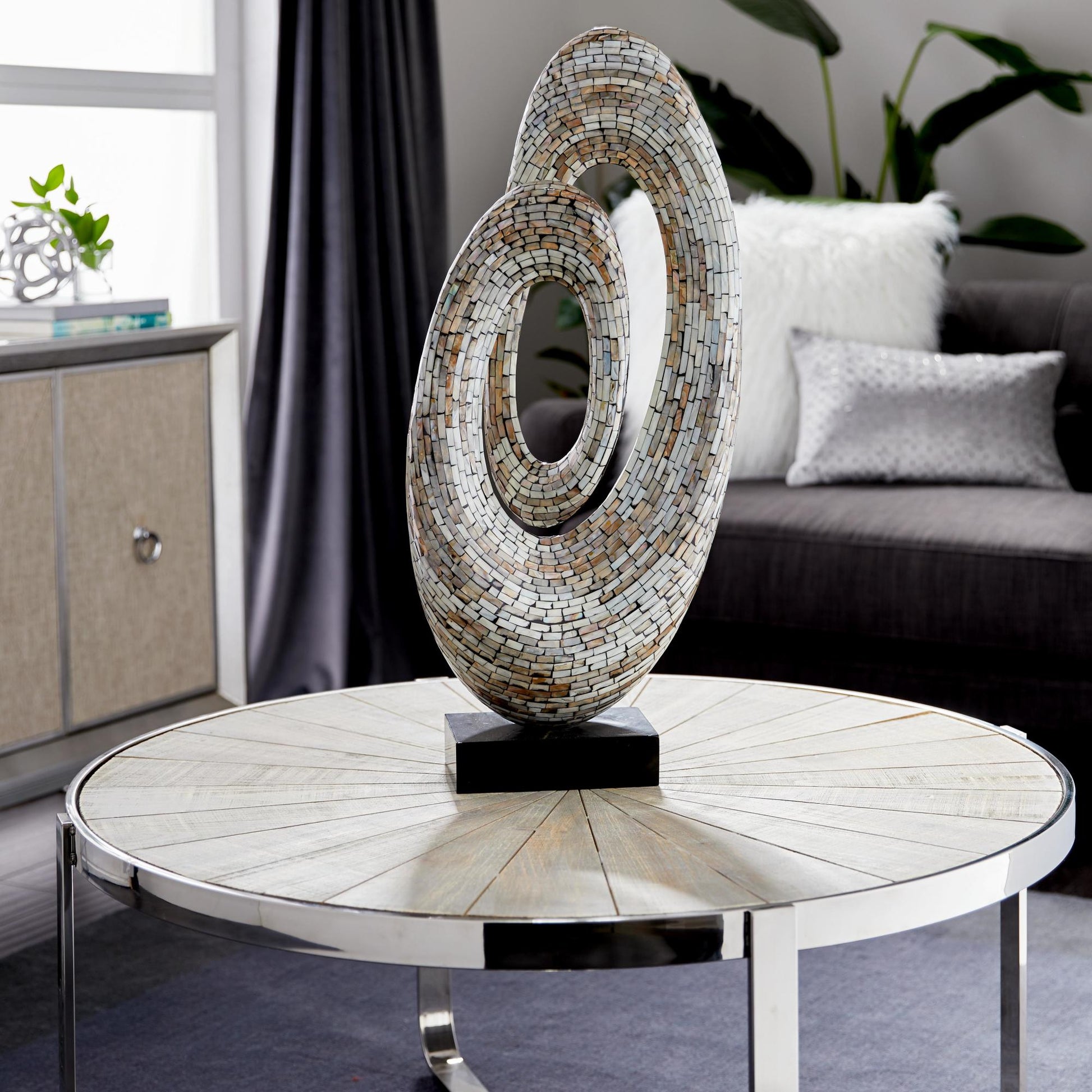 Abstract Mother of Pearl Shell Swirl Decorative Sculpture with Black Base