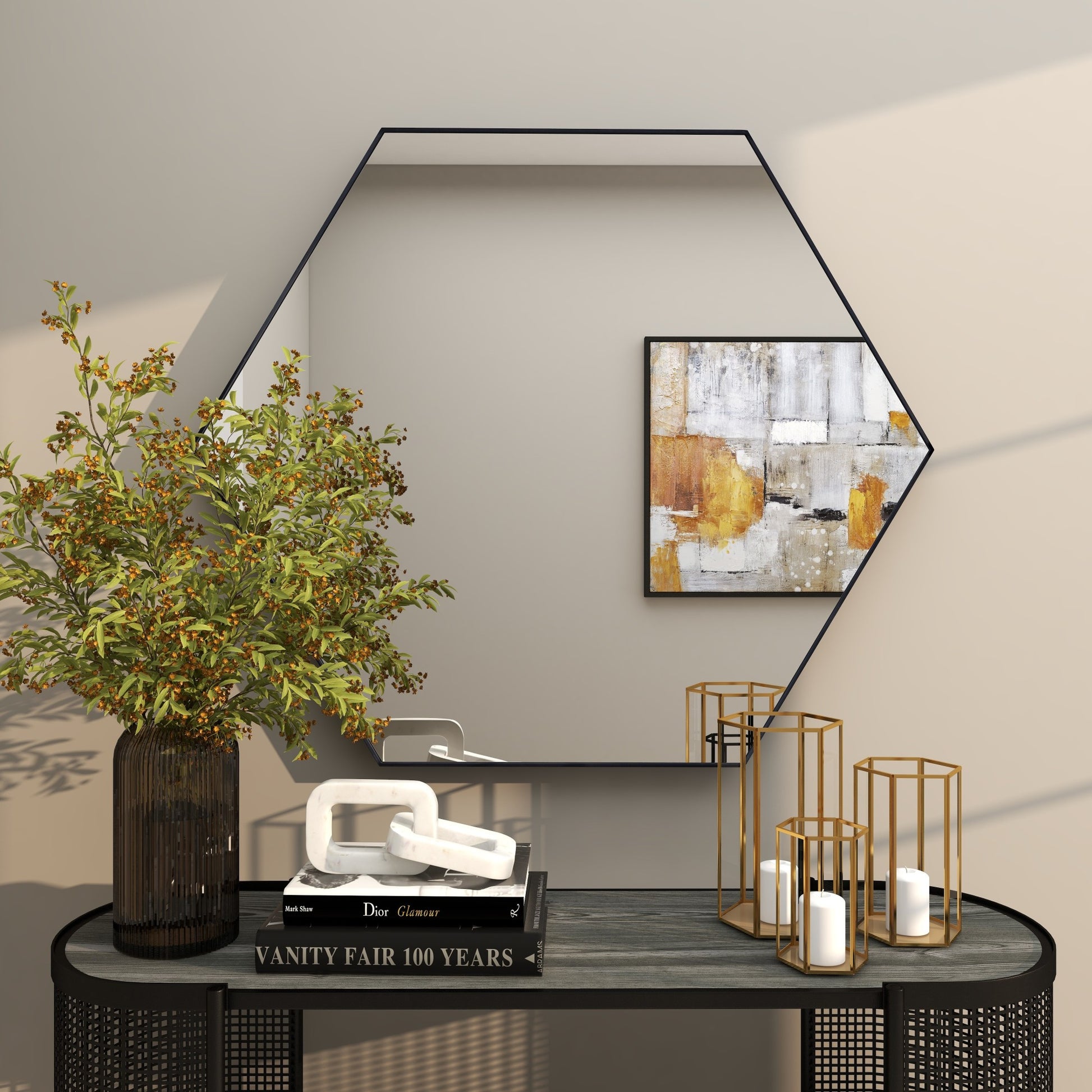 Wooden Hexagon Room Wall Mirror with Thin Frame