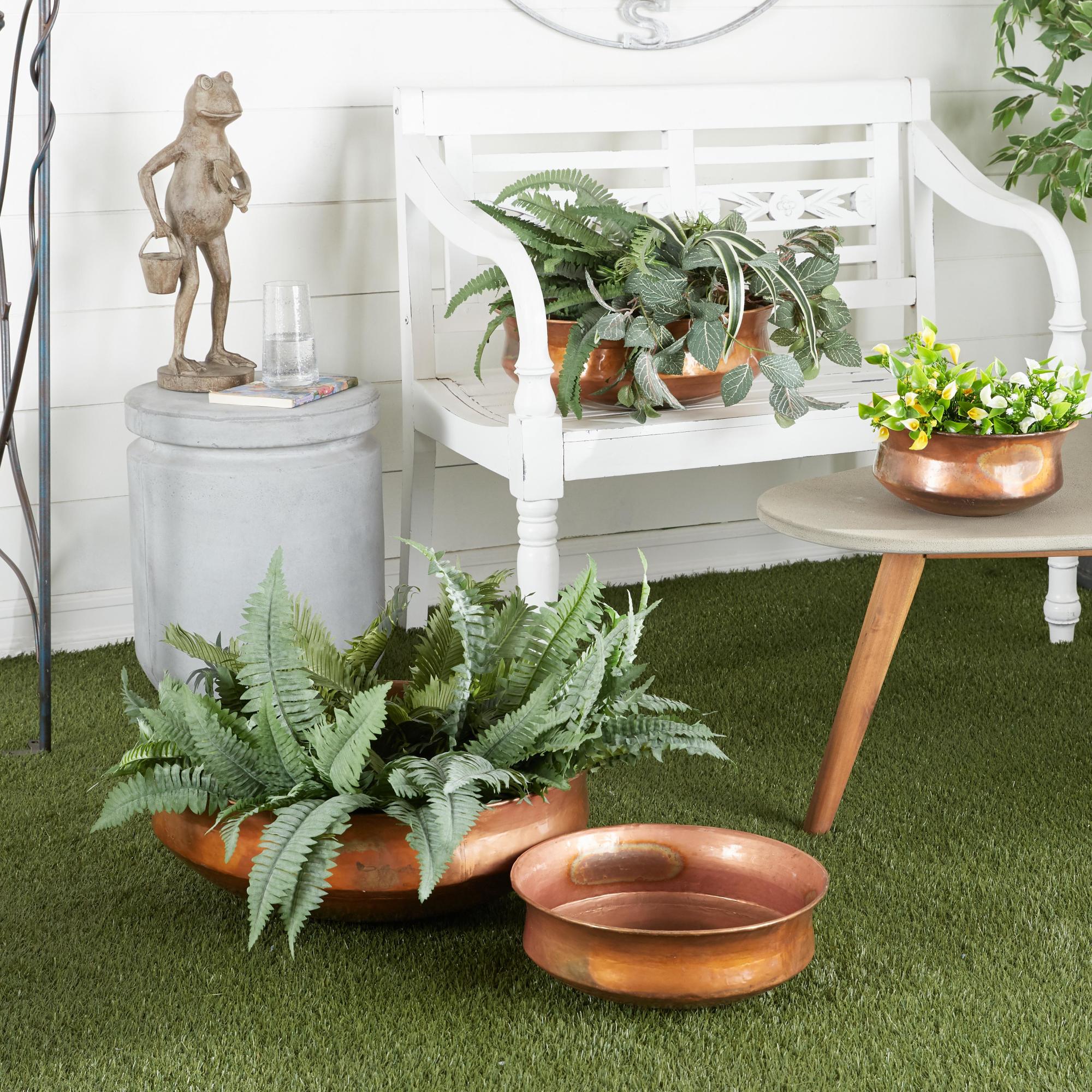 Set of 4 Copper Metal Wide Weathered Low Bowl Indoor Outdoor Planter