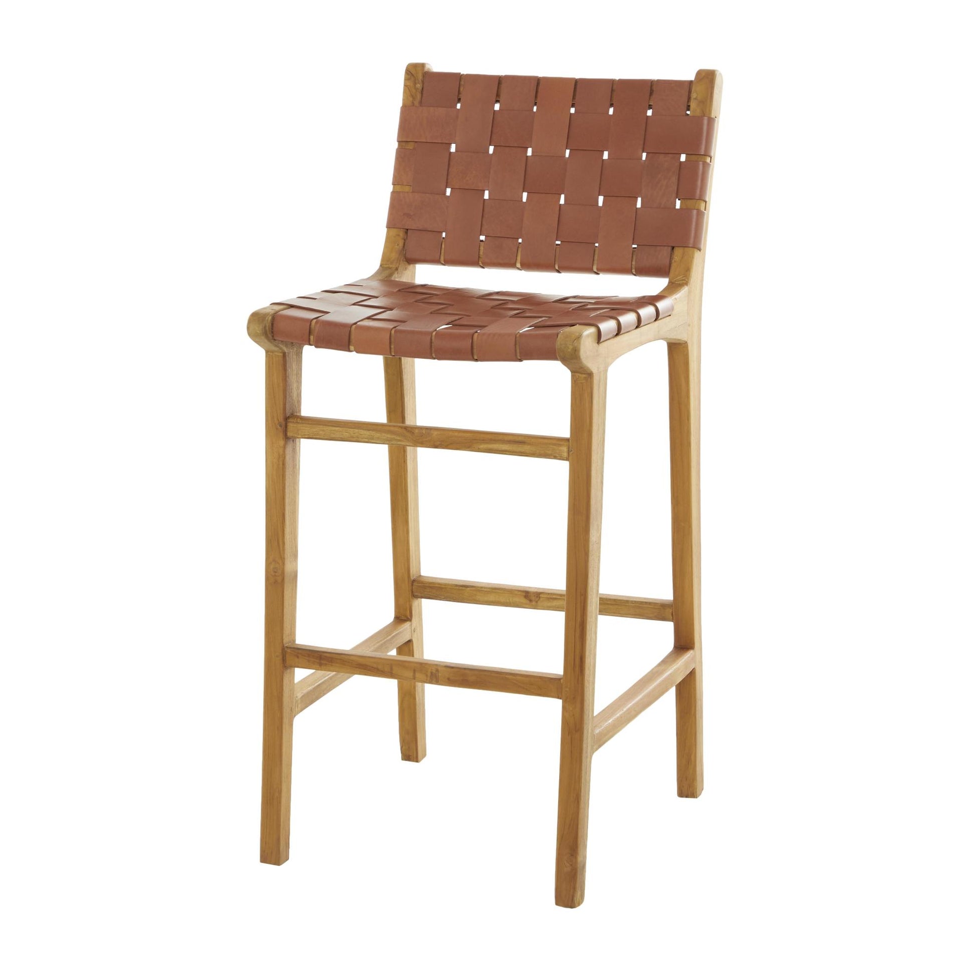 Teak Wood Woven Leather Seat and Back Kitchen Bar Stool with Beam Footrest