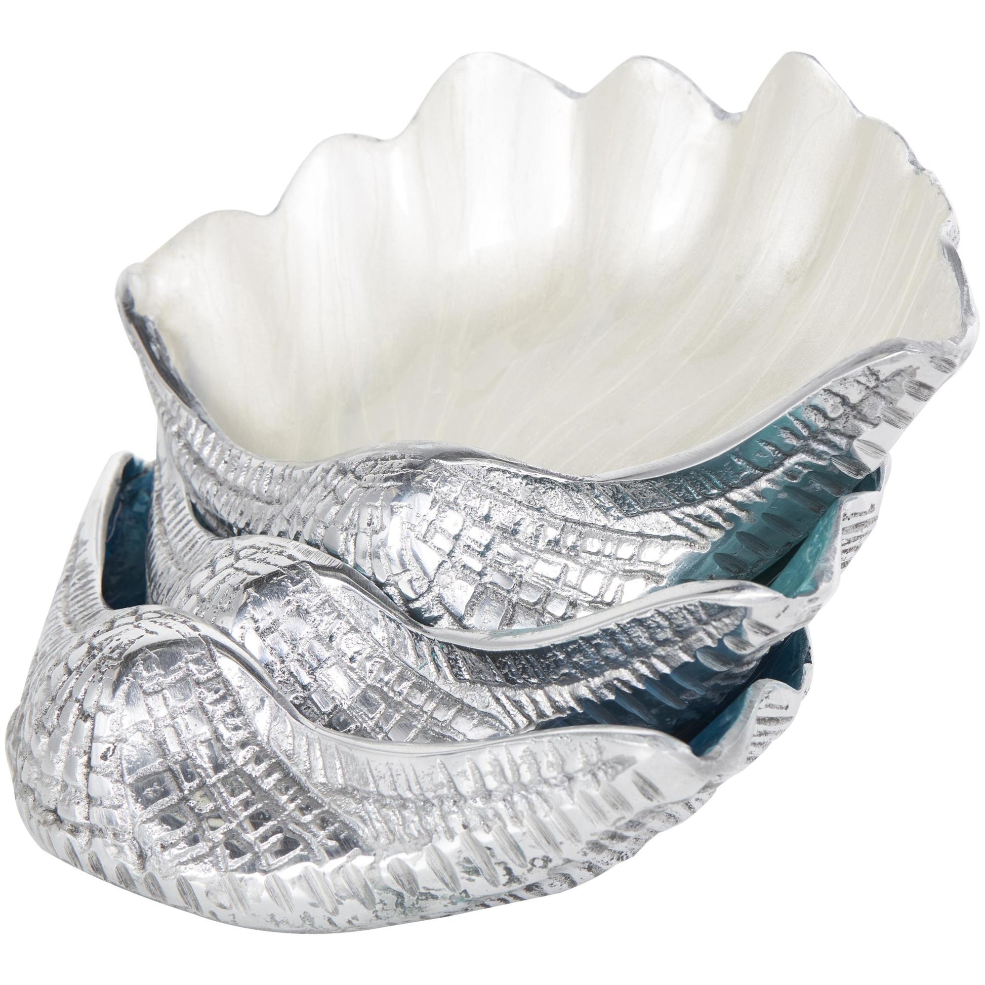 Set of 3 Shell Multi Colored Aluminum Metal Handmade Enameled Large Decorative Bowl with Textured Silver Bases