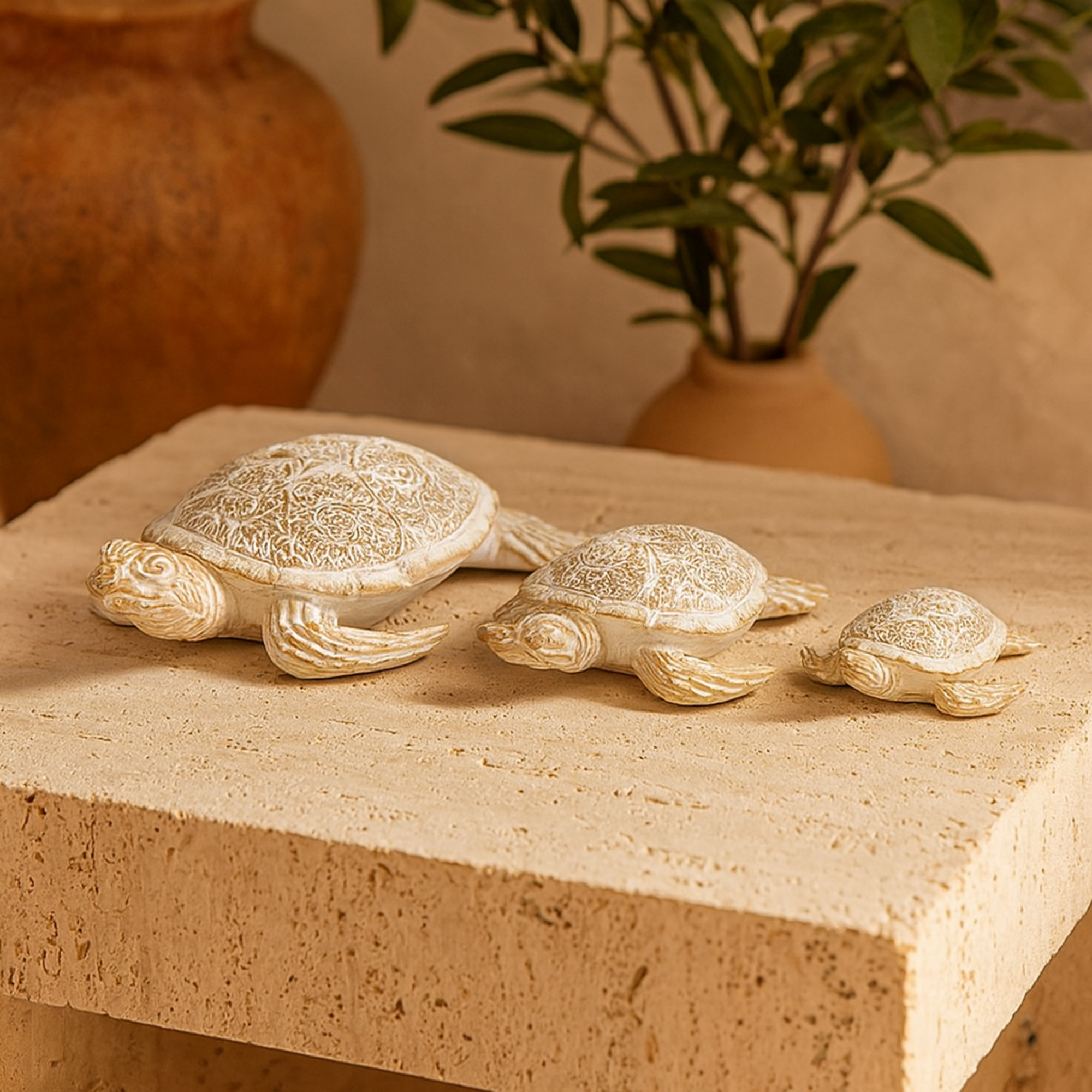 Set of 3 Turtle Beige Polystone Decorative Sculpture