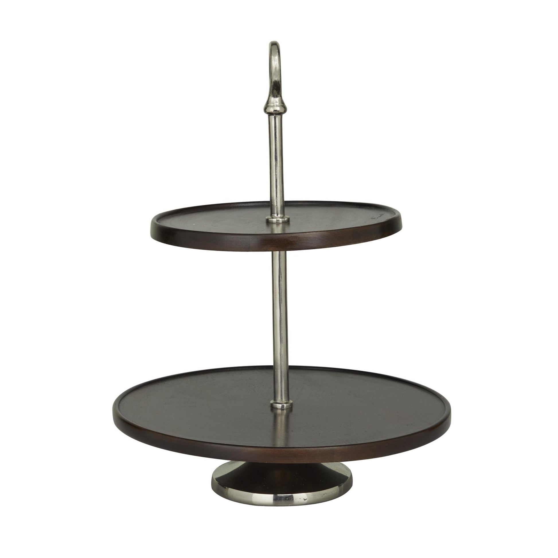 Mango Wood 2 Level Decorative Tiered Server with Silver Aluminum Cone Base