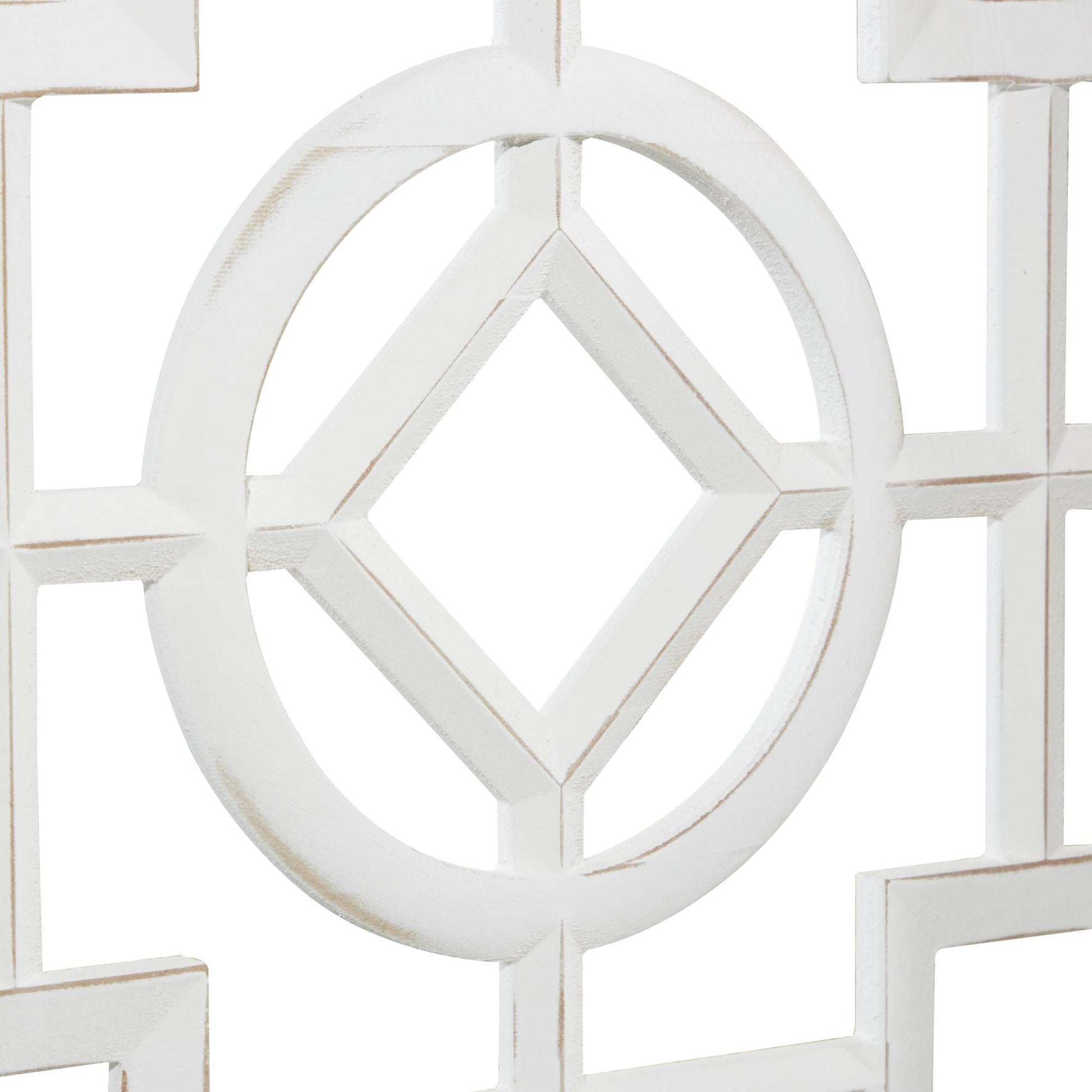 Geometric White Wood Hinged Foldable Partition 3 Panel Partition Room Divider Screen with Carved Designs
