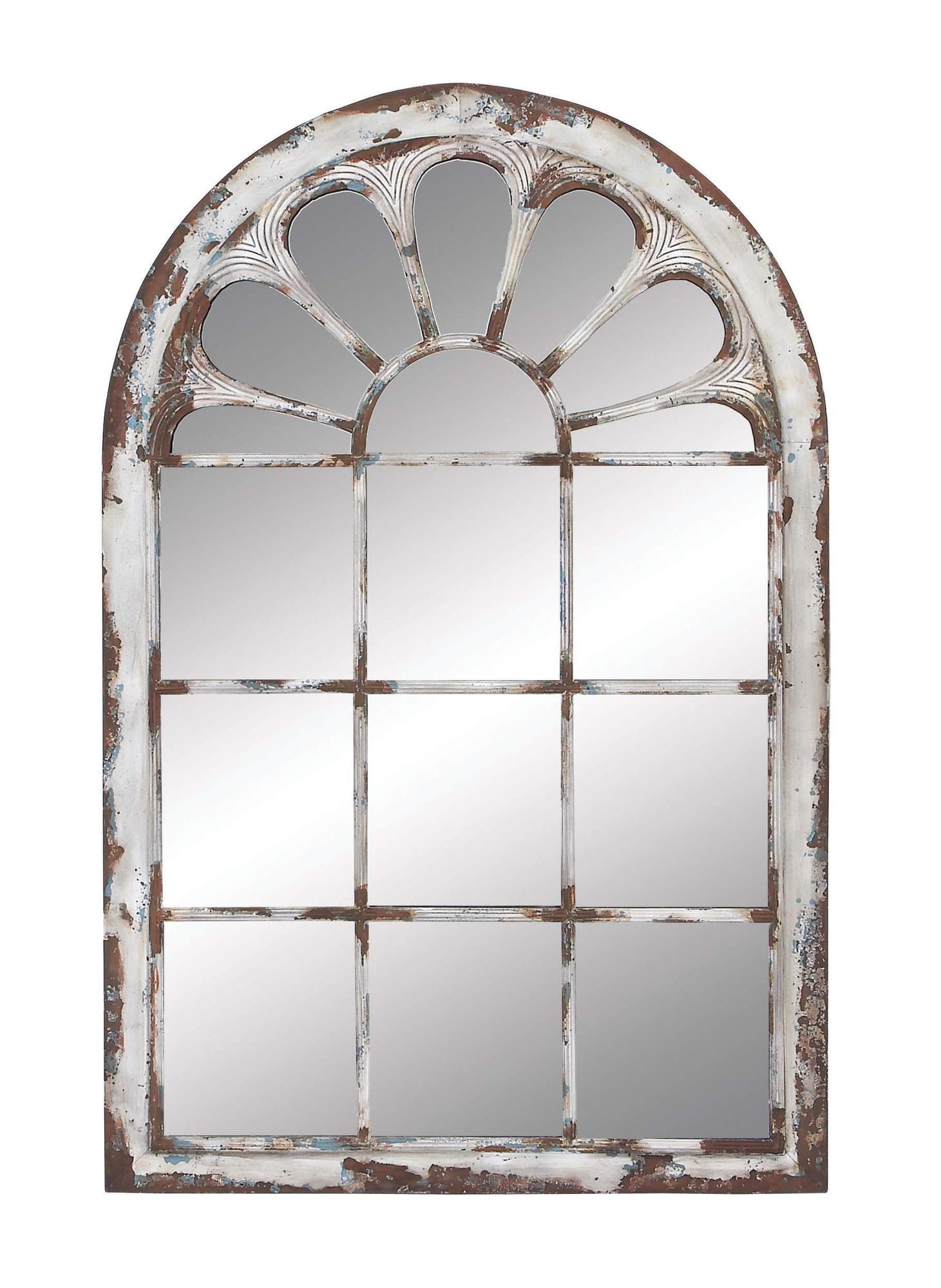 White Metal Window Pane Inspired Room Wall Mirror with Arched Top