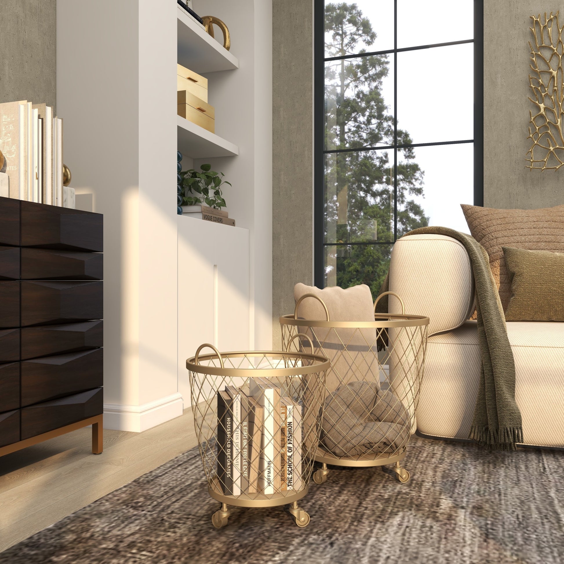 Set of 2 Gold Metal Mobile Wire Basket Mobile Storage Cart with Wood Interior