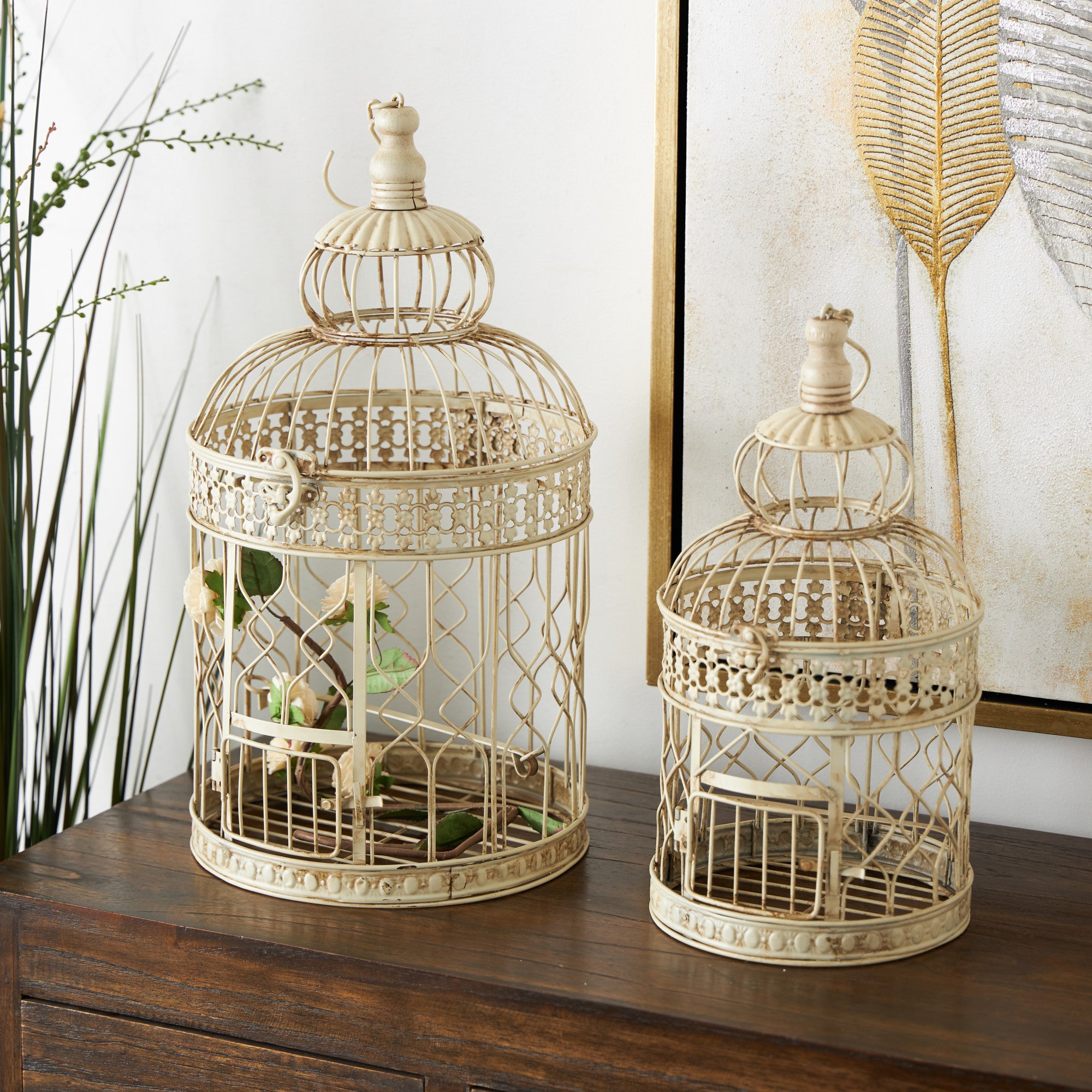 Set of 2 Cream Metal Hinged Top Decorative Birdcage with Latch Lock Closure and Hanging Hook