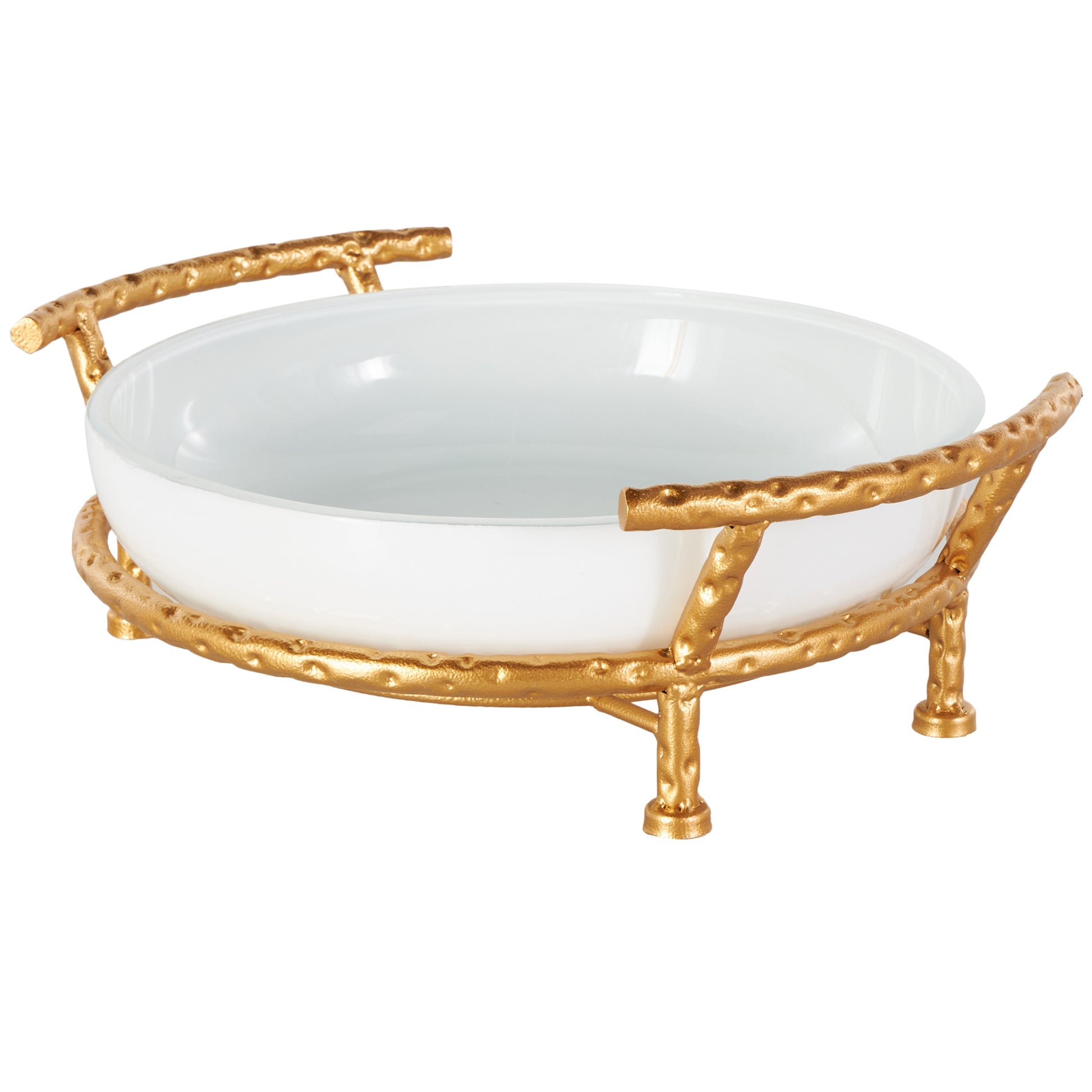 Kitchen White Tempered Glass Decorative Serving Bowl with Gold Metal Stand