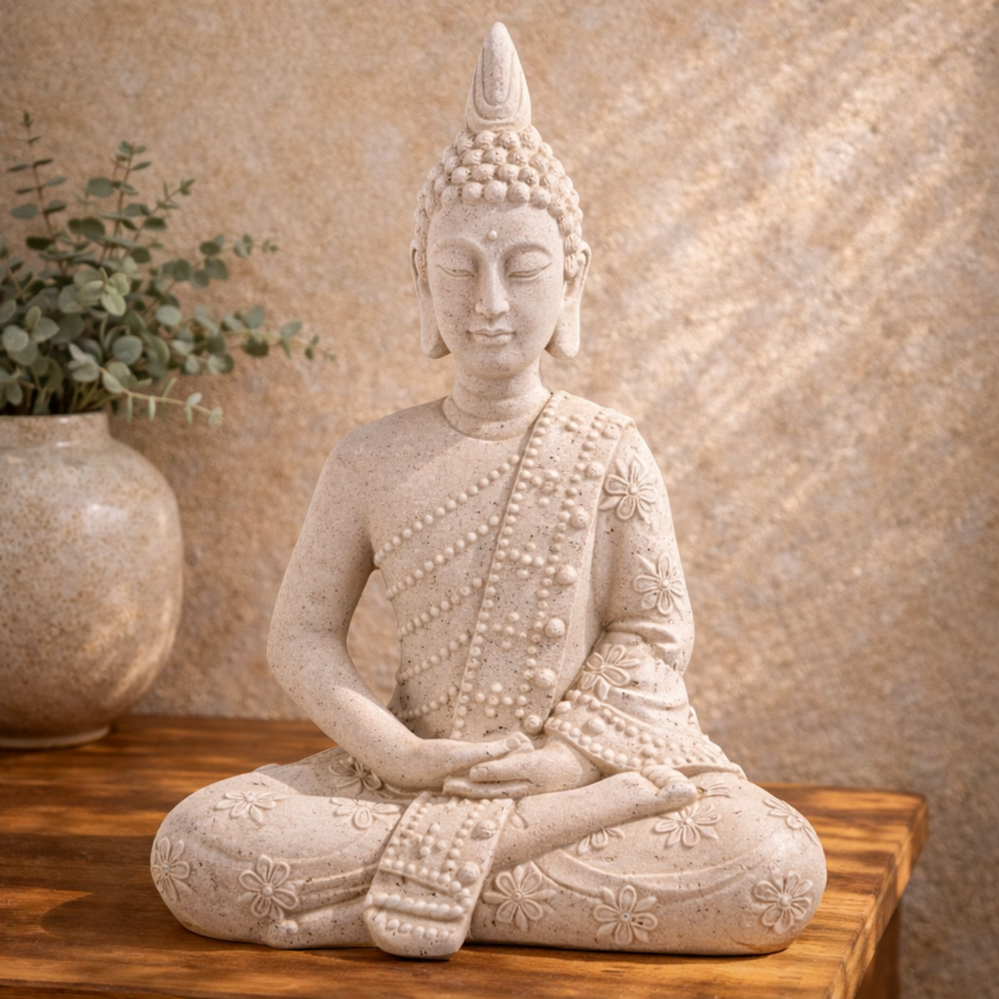 Buddha Gray Magnesium Oxide Indoor Outdoor Meditating Decorative Garden Sculpture with Floral Carvings