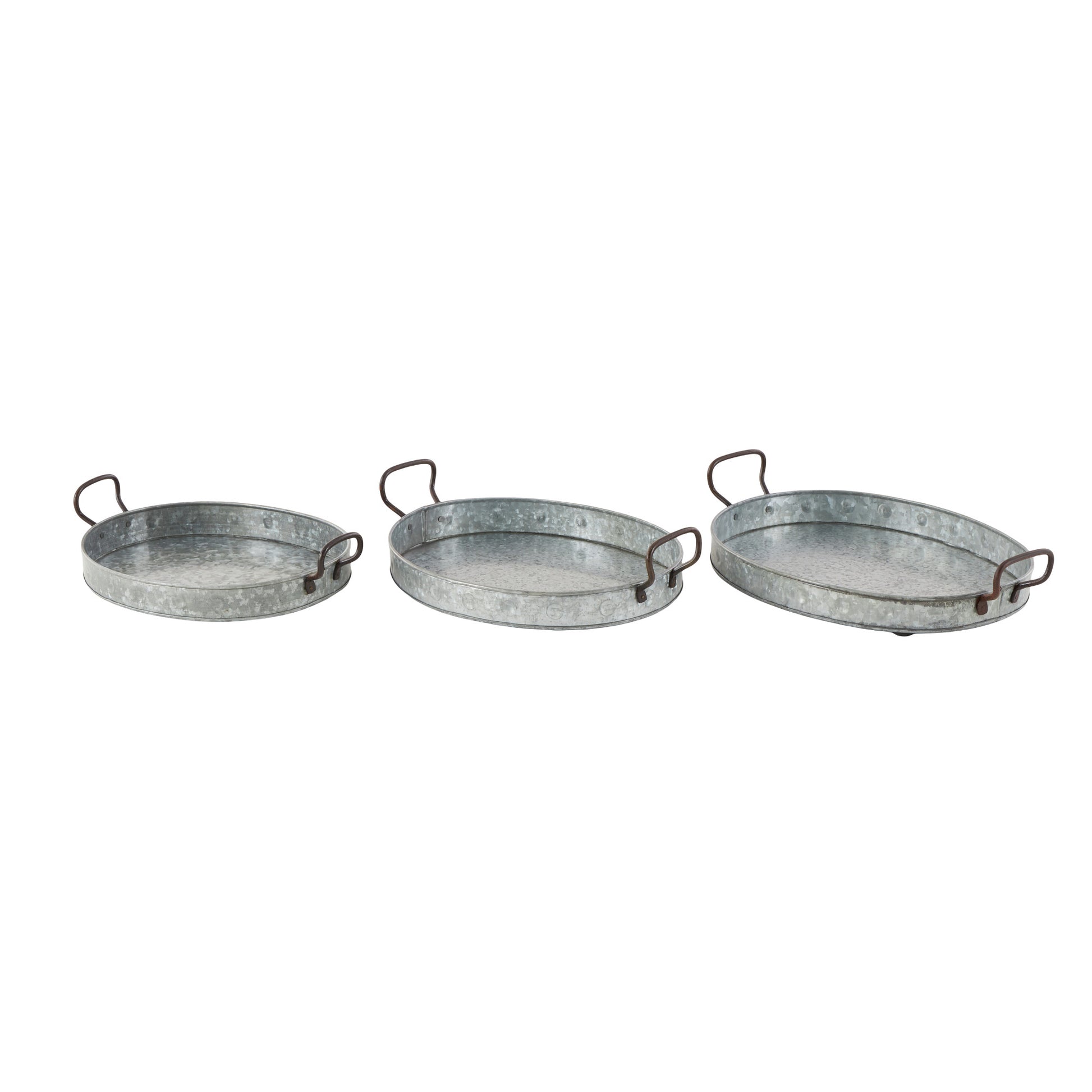 Set of 3 Gray Metal Galvanized Oval Living Room Decor Tray with Rust Handles