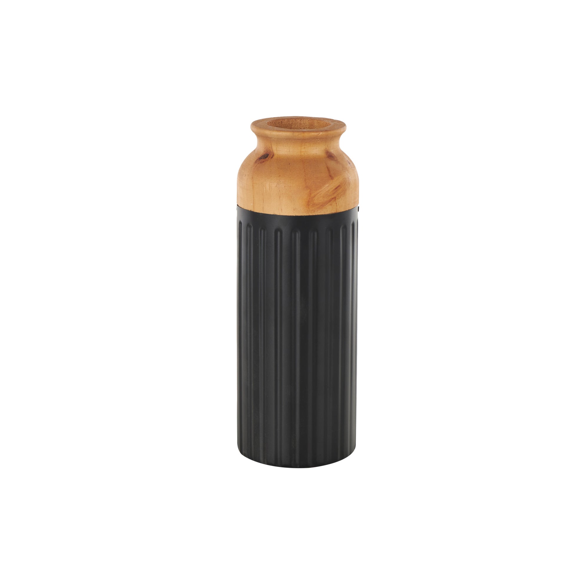 Set of 2 Metal Color Block Decorative Vase with Rounded Linear Grooves and Brown Wood Tops