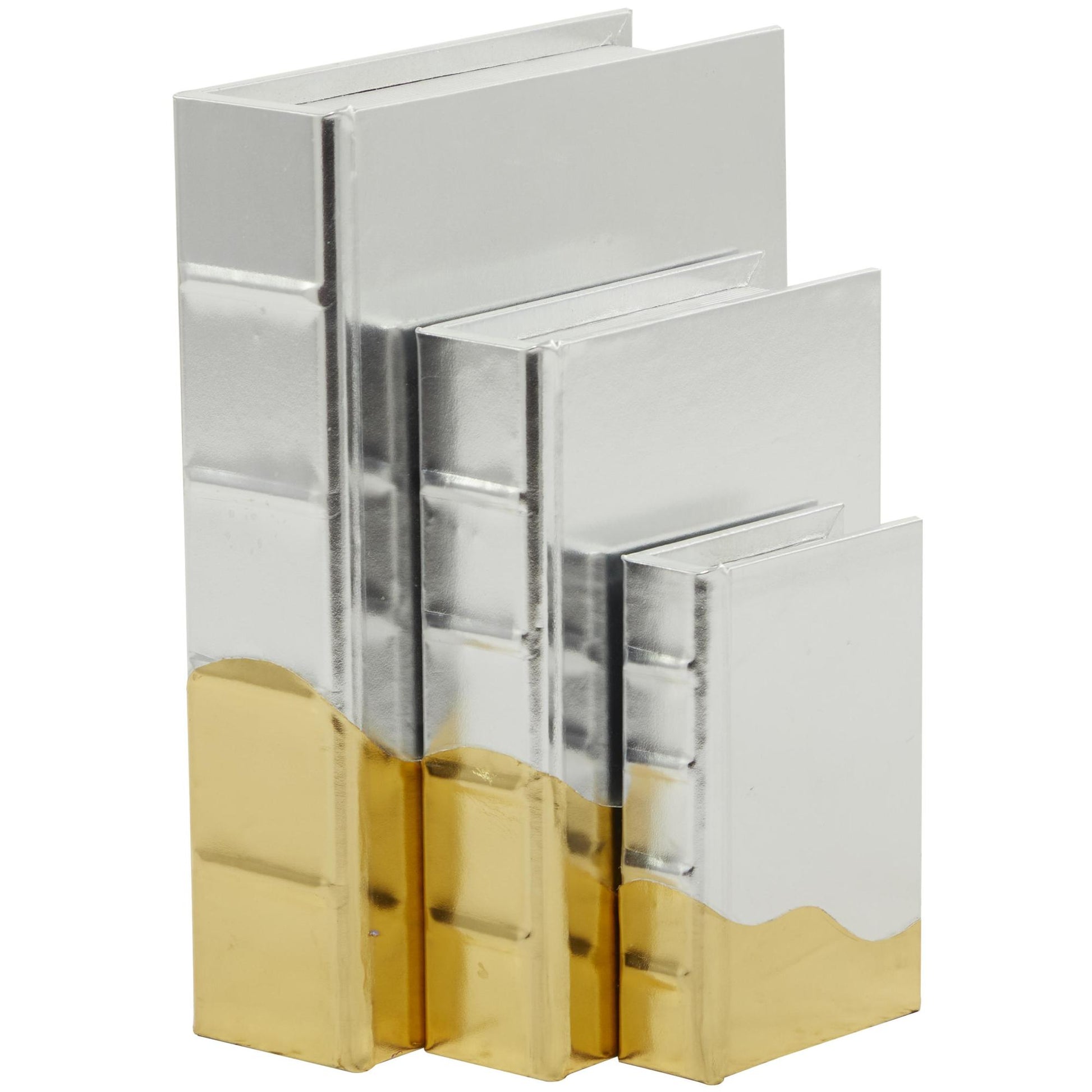CosmoLiving by Cosmopolitan Set of 3 Silver Faux Leather Metallic Faux Book Storage Decorative Box with Wavy Gold Design