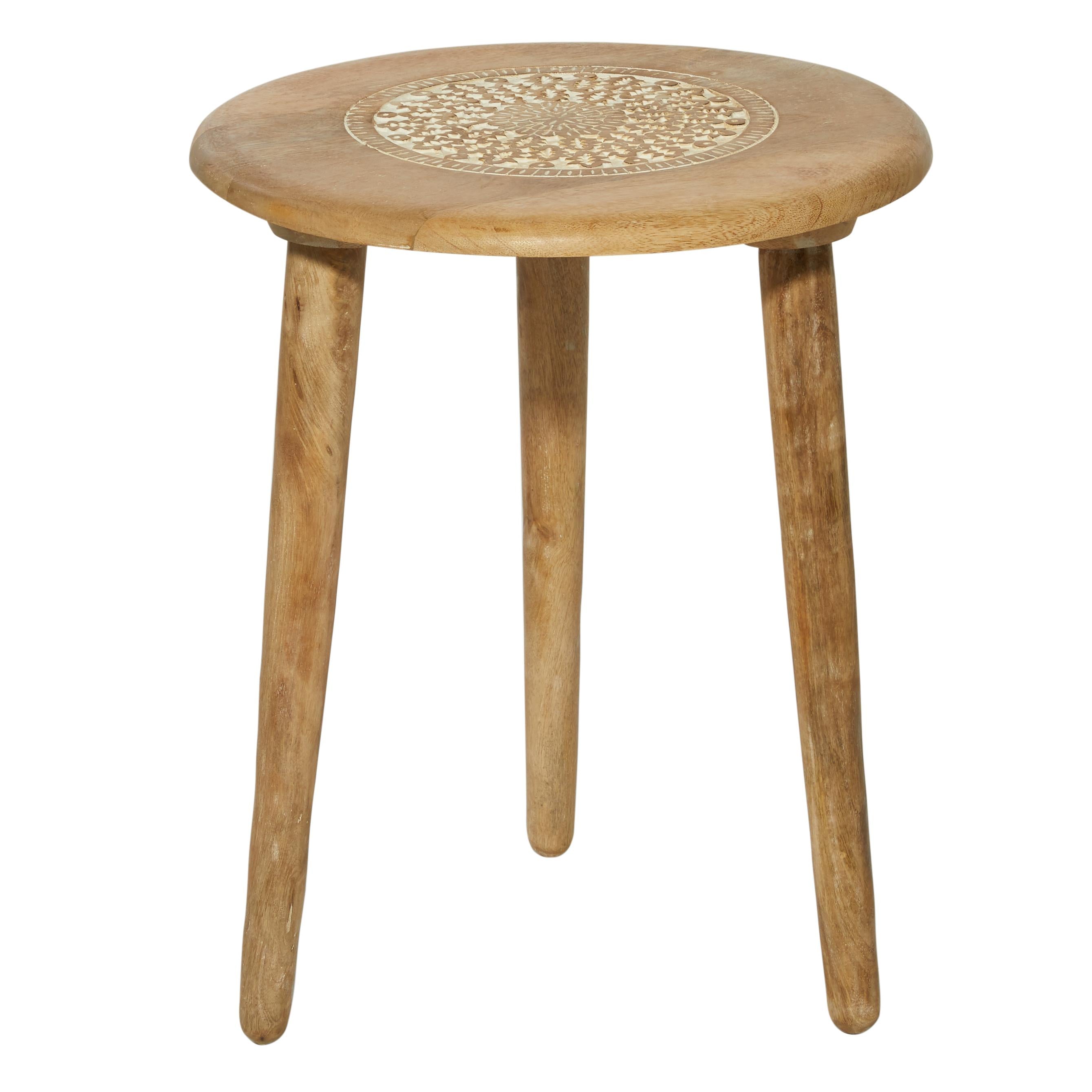 Floral Mango Wood Handmade Intricately Carved Side End Accent Table with Tripod Legs