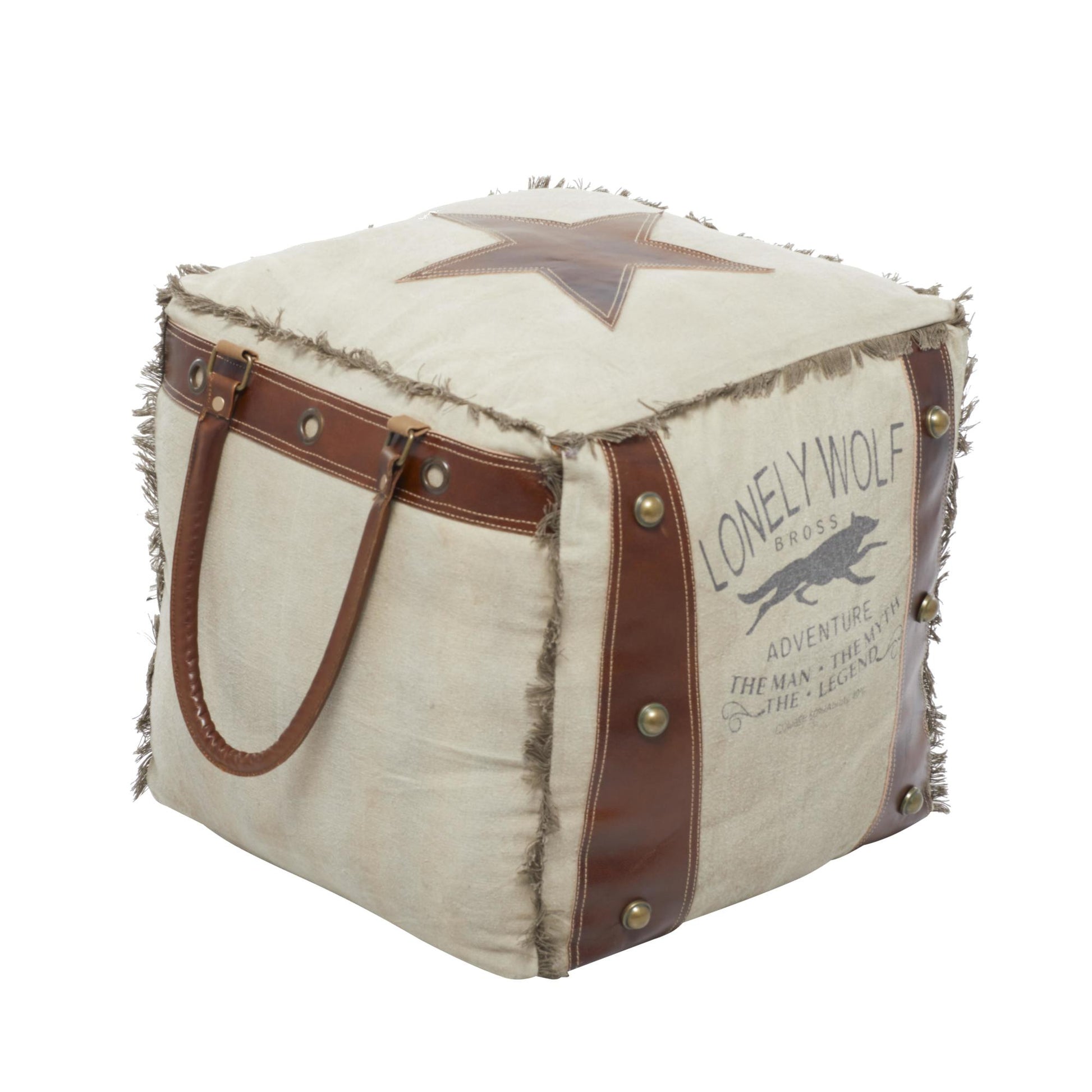 Star Canvas Stuffed Pouf with Leather Accents