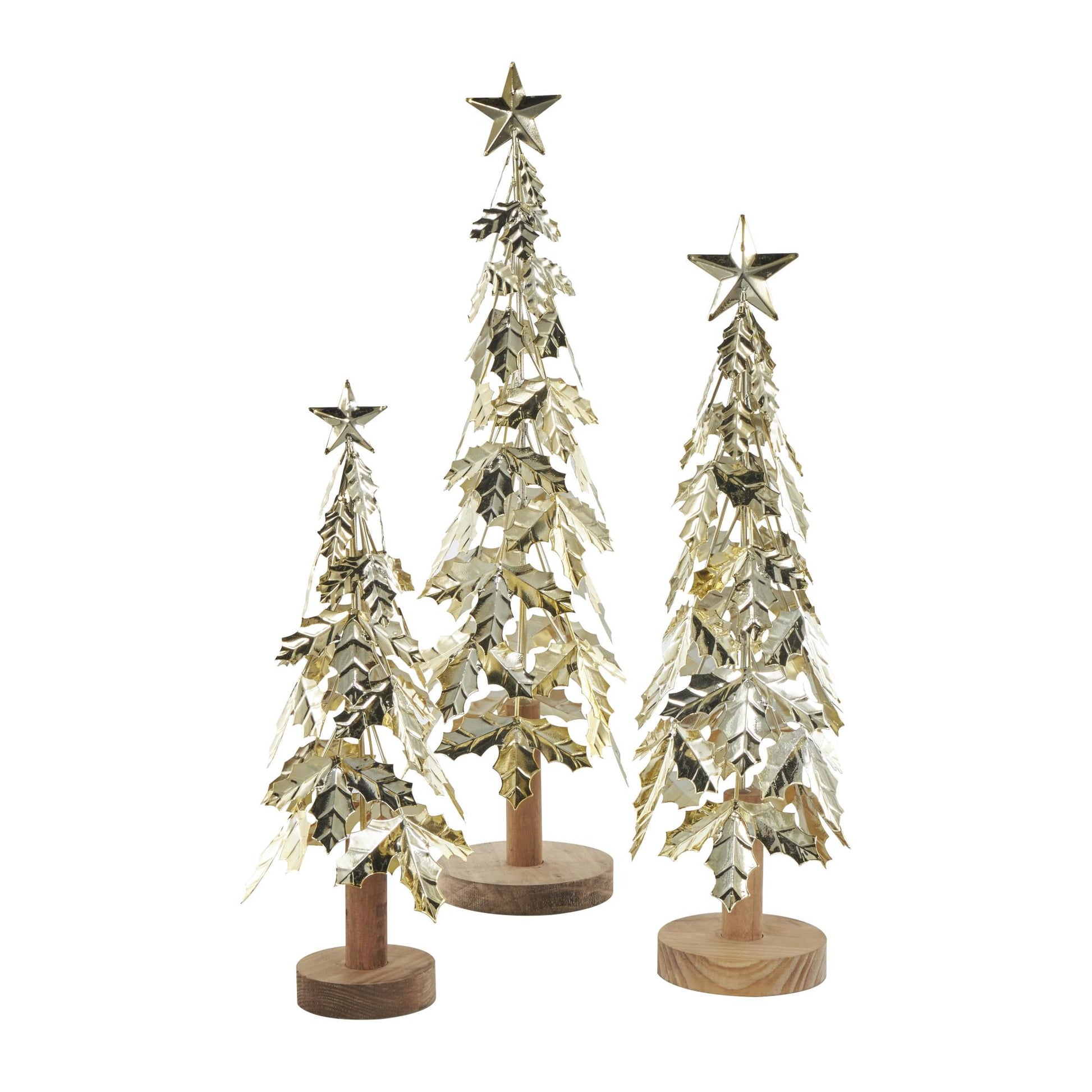 Set of 3 Tree Gold Metal Holiday Layered Decorative Christmas Sculpture with Wooden Base and Star Topper