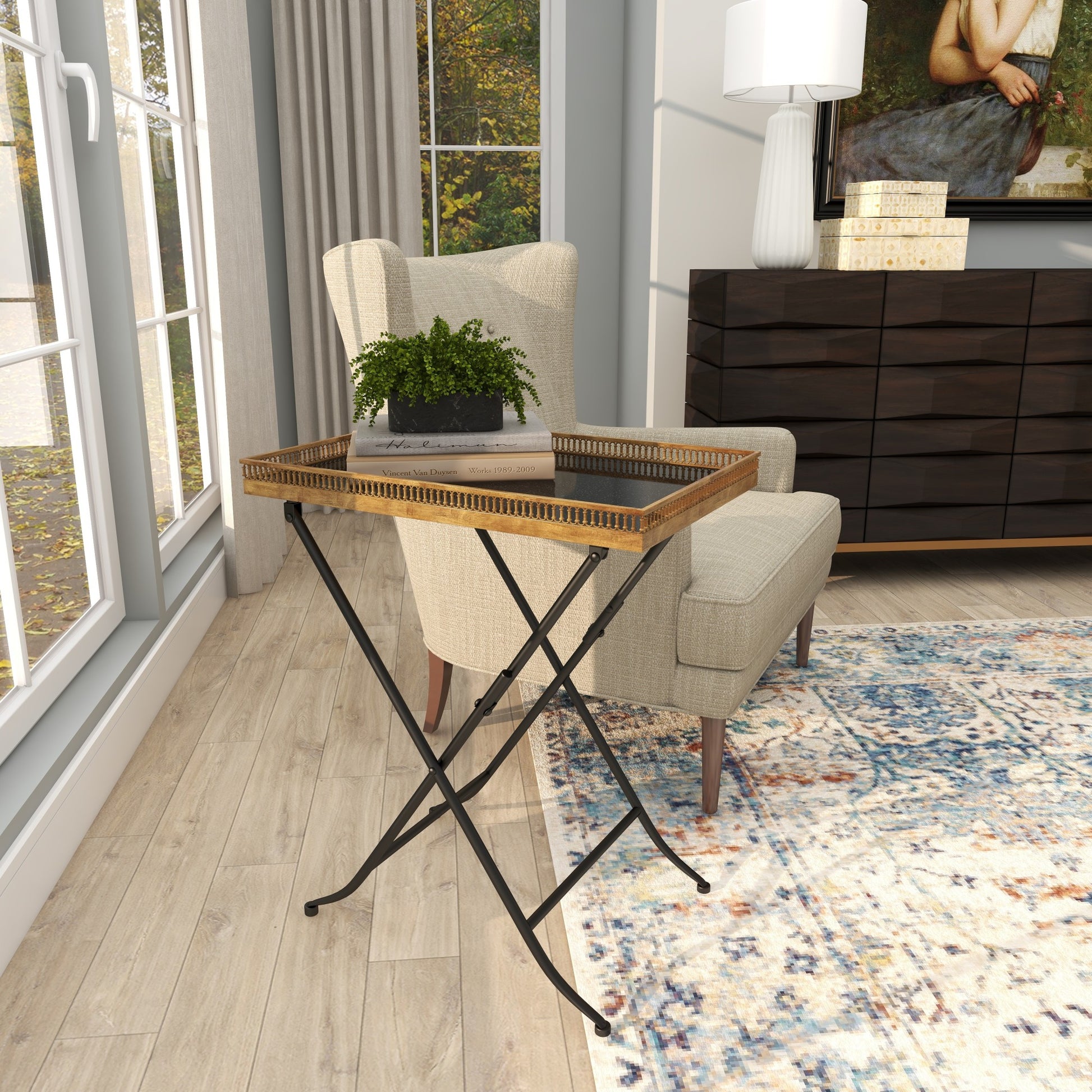 Brass Metal Side End Accent Table with Black Marble Tray Top and Metal Folding Legs