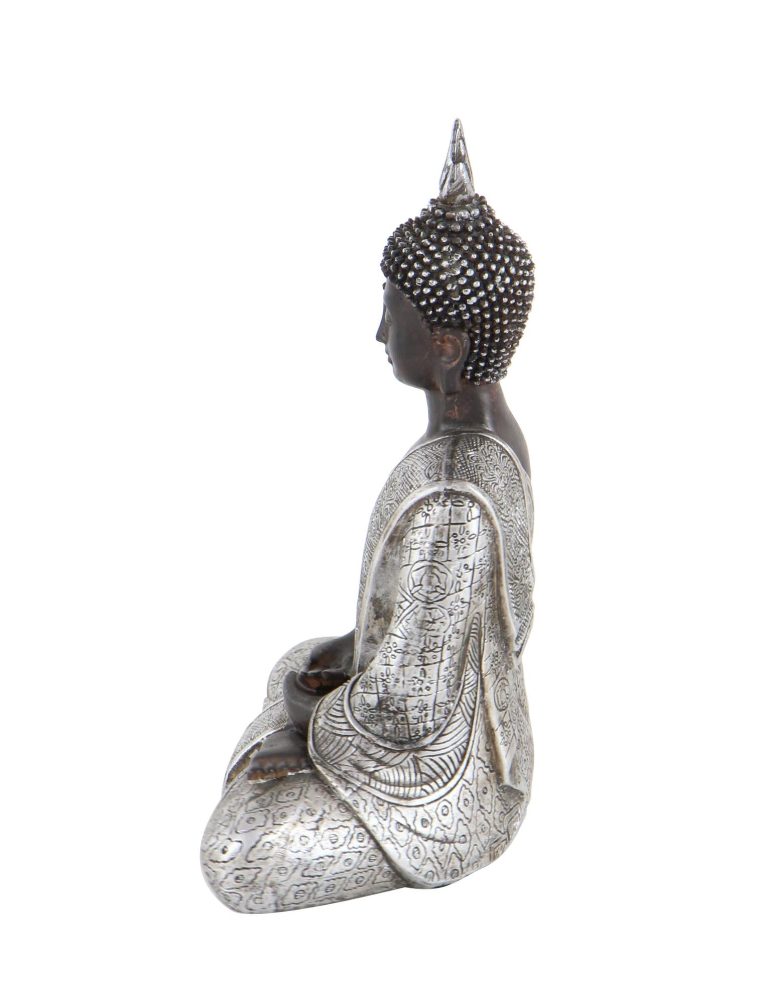 Buddha Silver Polystone Meditating Decorative Sculpture with Engraved Carvings and Relief Detailing