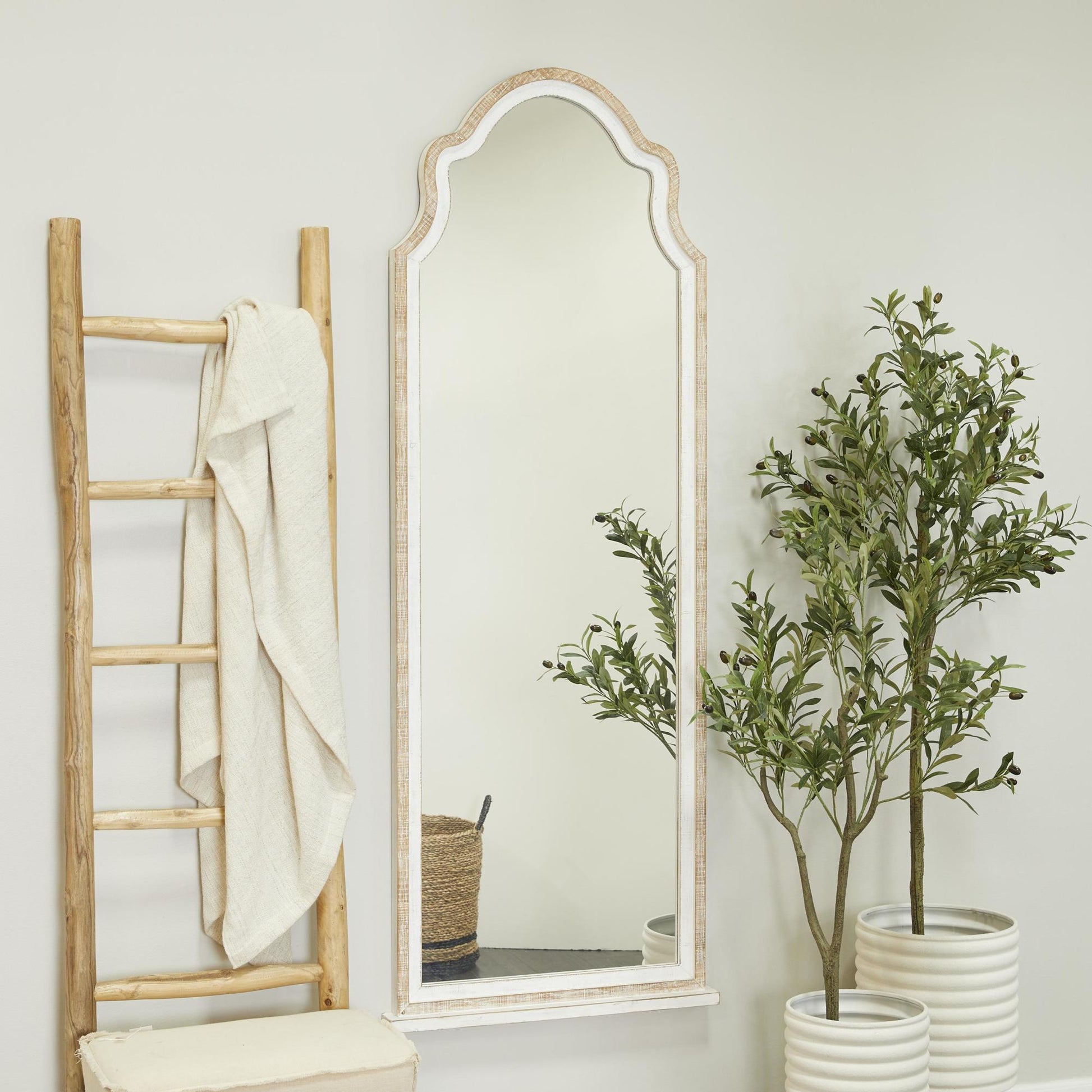 Brown Wood Tall Room Wall Mirror with Arched Top
