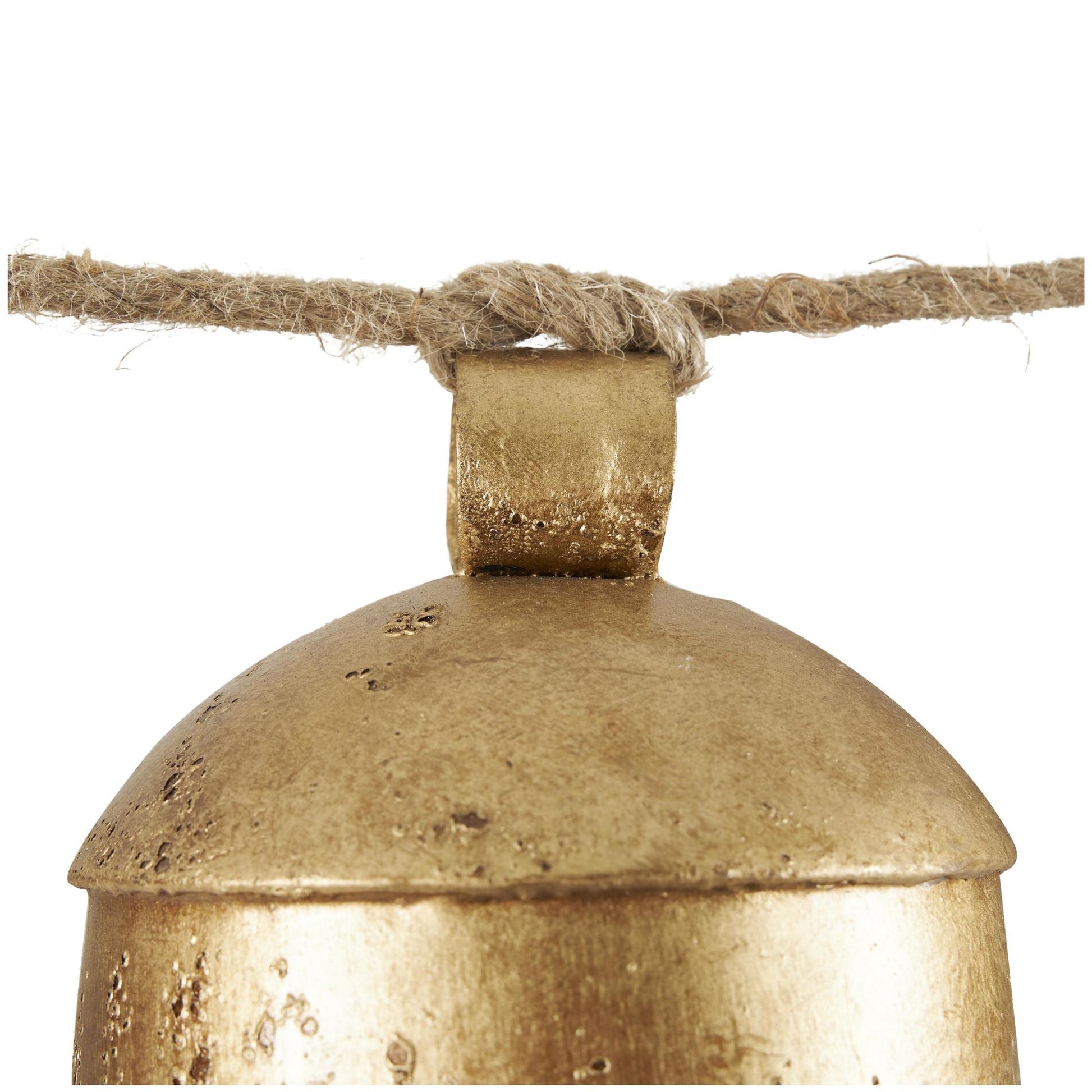 Gold Metal Tibetan Inspired String Hanging Indoor Outdoor Decorative Cow Bells with 6 Bells on Jute Hanging Rope
