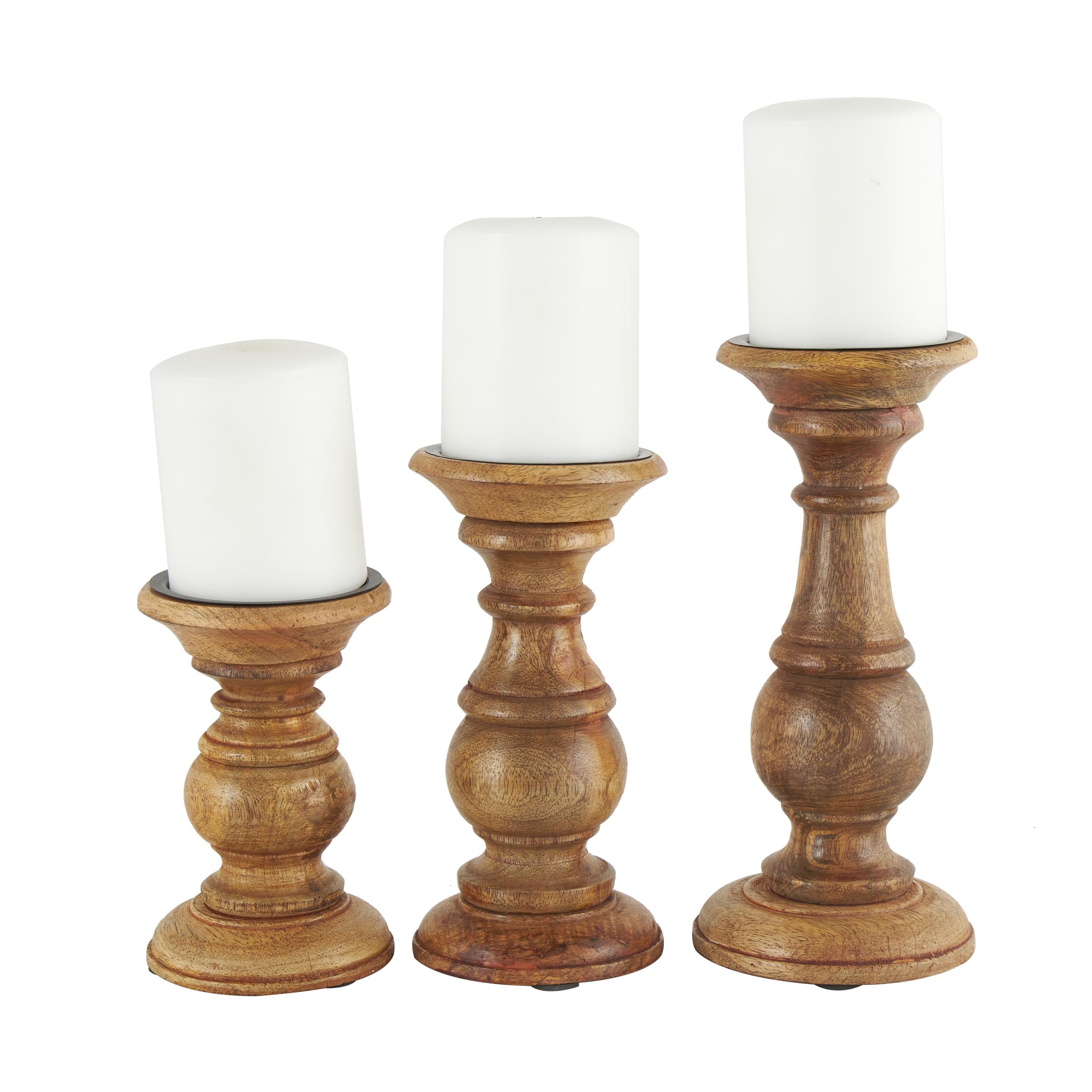 Set of 3 Mango Wood Distressed Turned Pillar Decorative Candle Holder