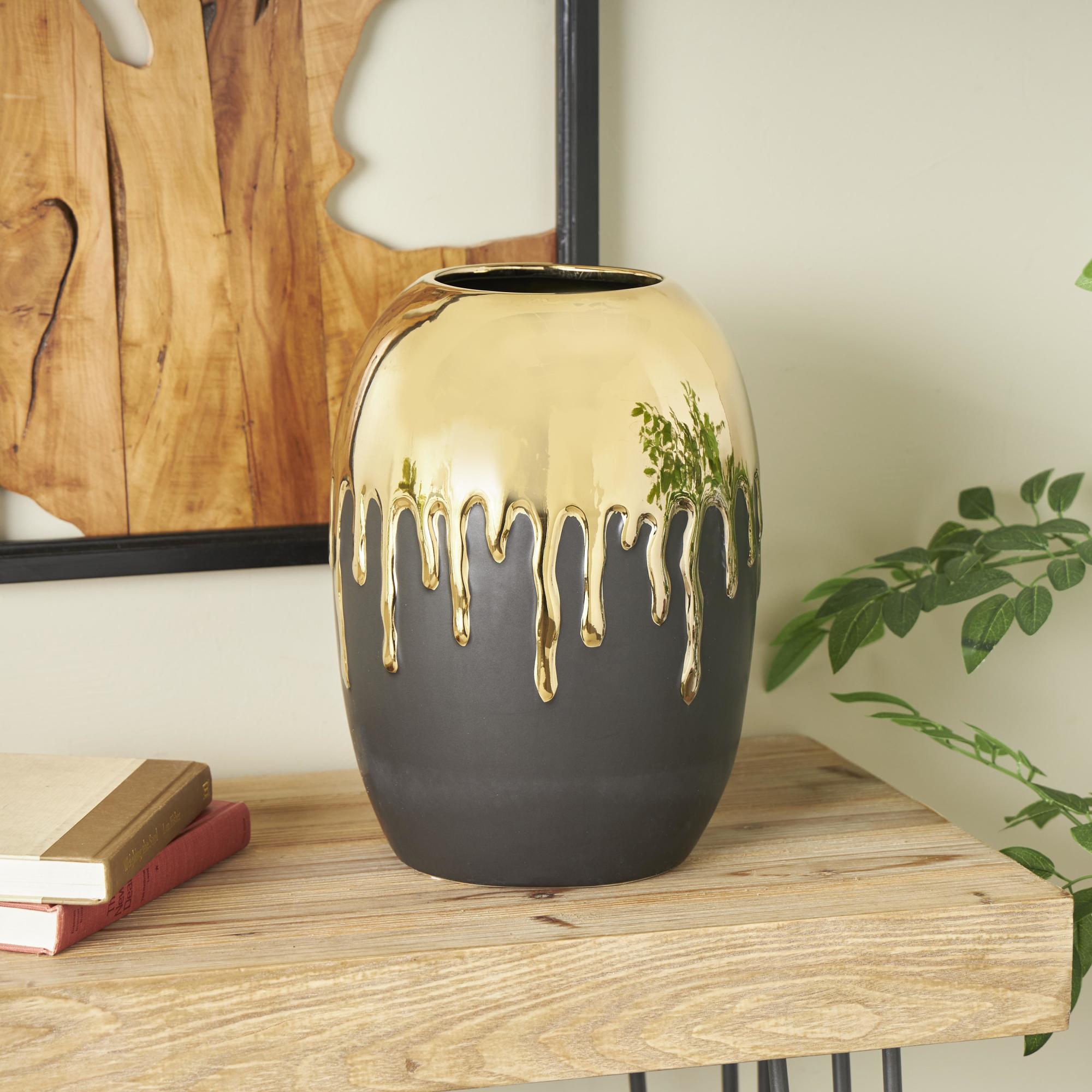 CosmoLiving by Cosmopolitan Abstract Ceramic Decorative Vase with Abstract Gold Melting Drips