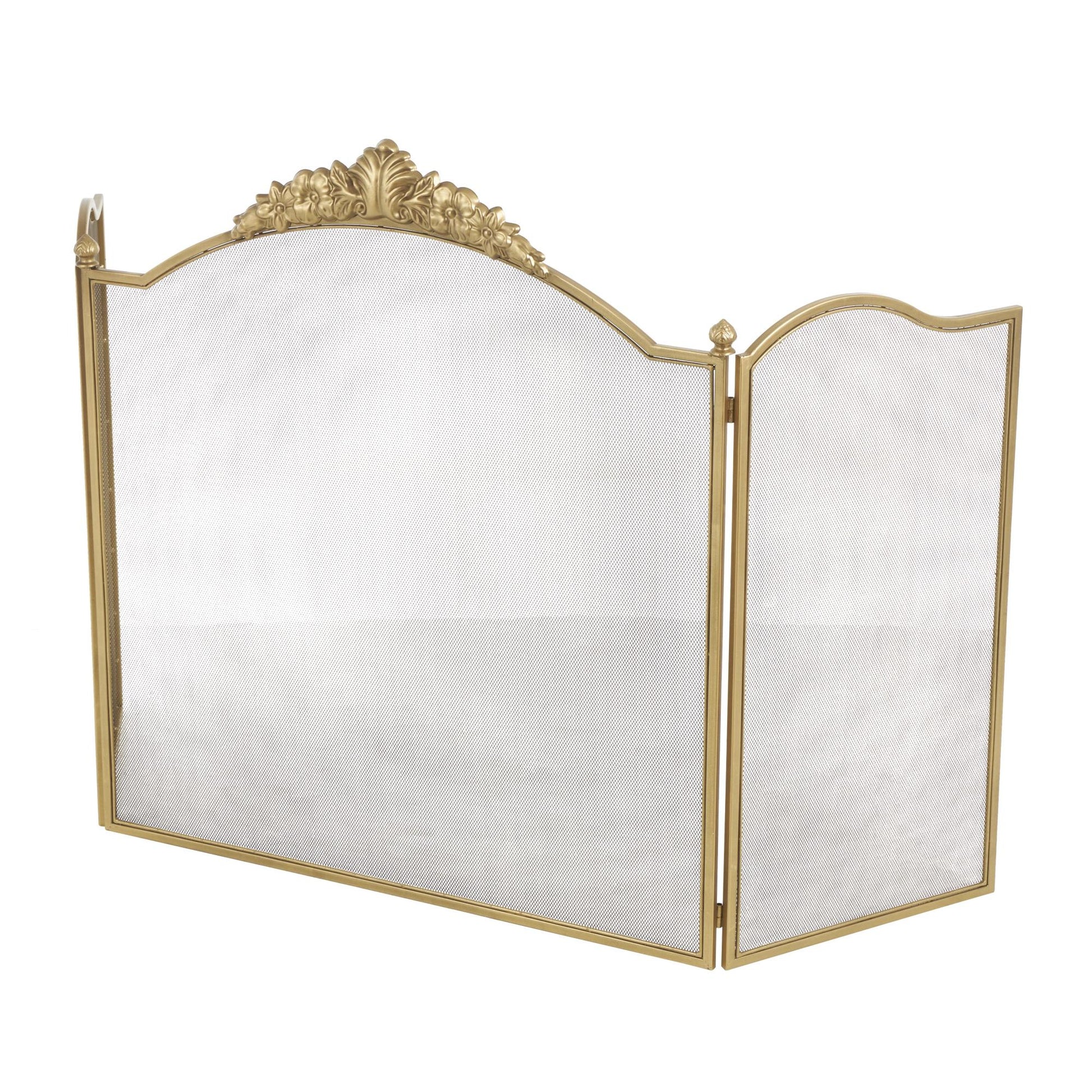 Floral Gold Metal Ornate Antique Arched 3 Panel Living Room Fireplace Screen with Finial Accents