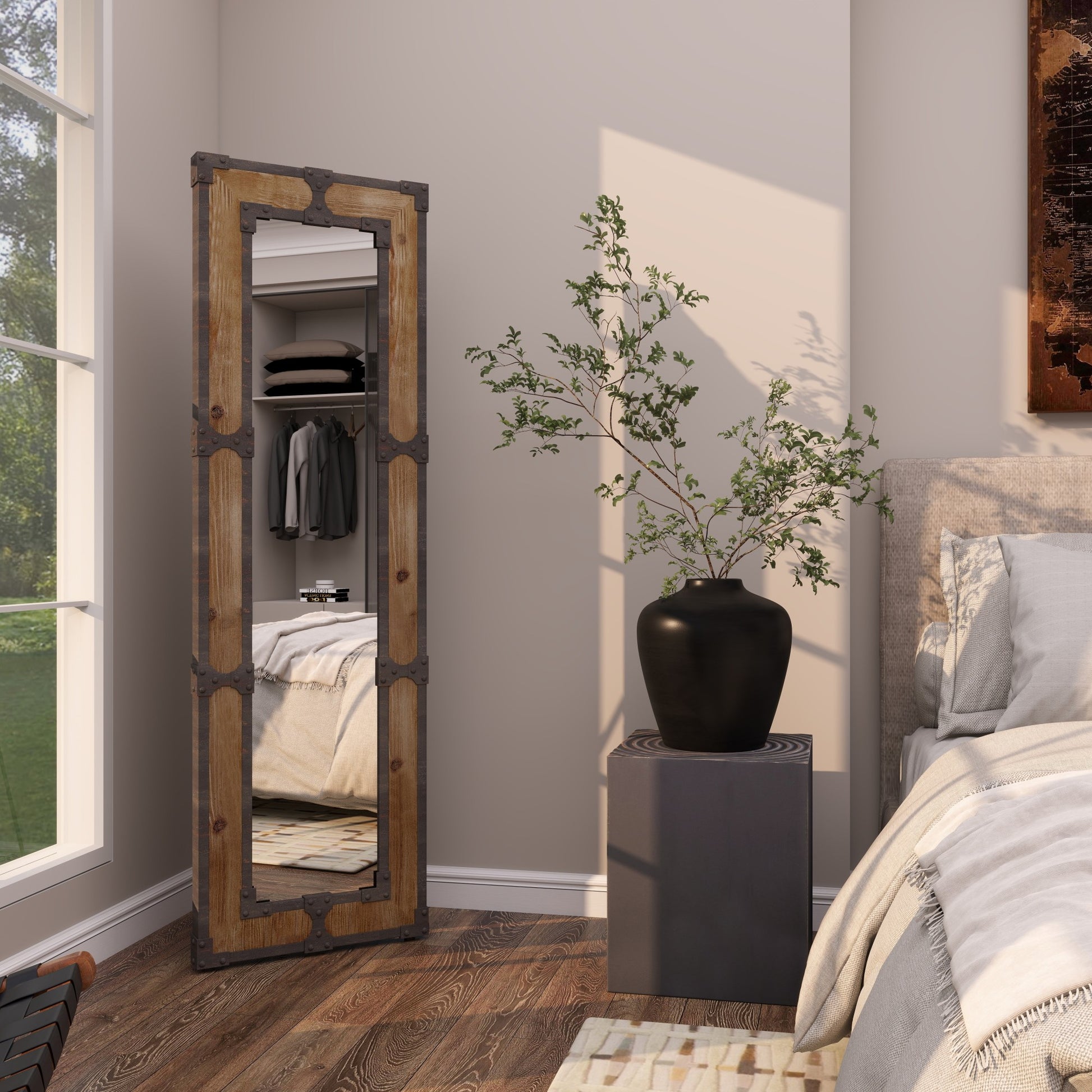 Brown Wood Room Floor Mirror with Black Studded Frame and Foldable Stand